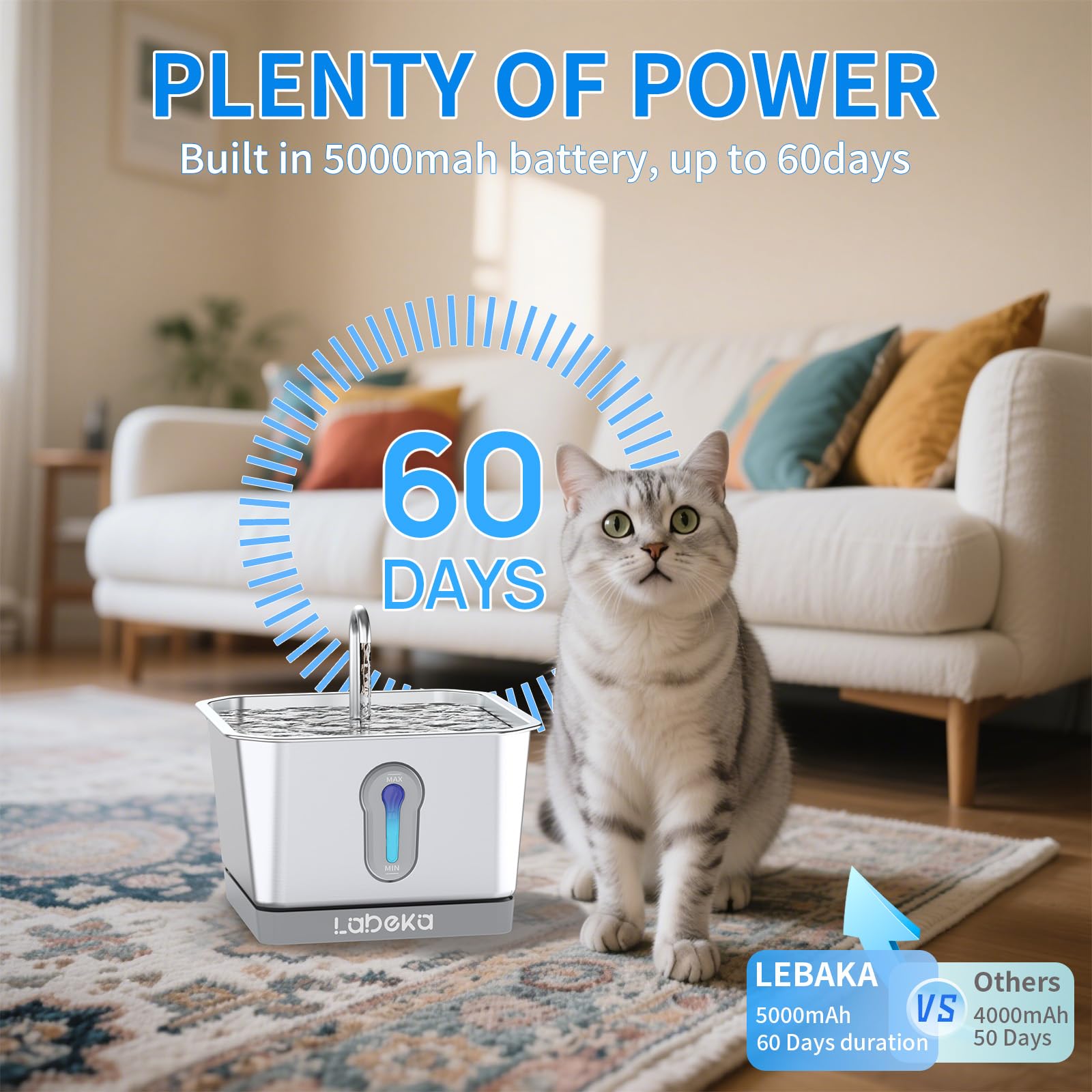 Labeka Wireless Cat Water Fountain Stainless Steel, 4L/135Oz Battery Operated Cat Fountain With Radar Sensor And Base, Automatic