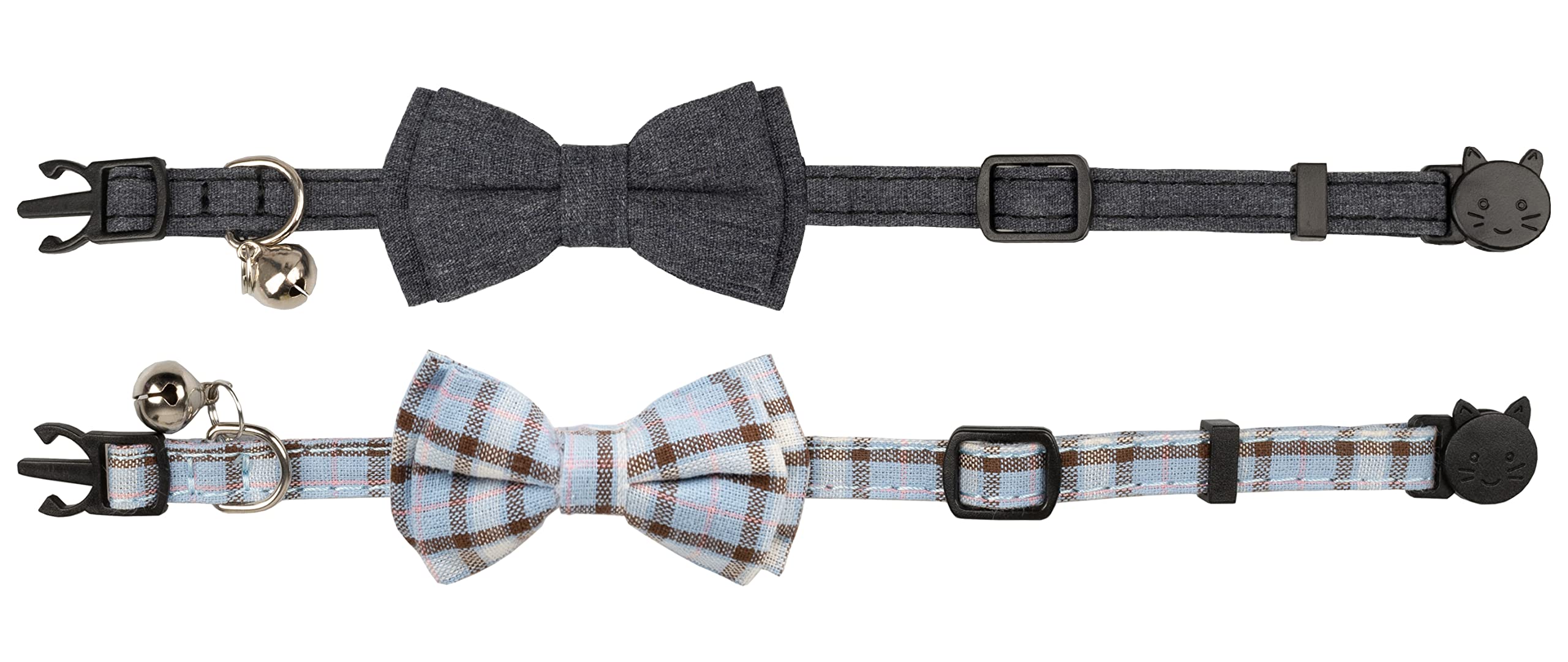 Gyapet Cat Collar Breakaway Bowtie Safety With Bell Adjustbale Kitten Puppy Solid Plaid Color Set D-[2Pcs] Grey