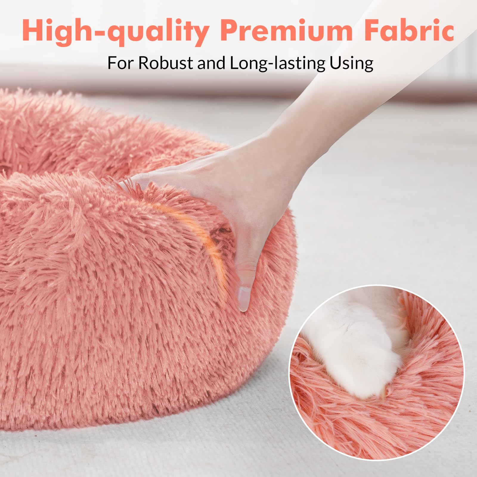 Rabbitgoo Cat Beds For Indoor Cats, 24 Inches Cat Bed Machine Washable, Fluffy Round Pet Bed Non-Slip, Calming Soft Plush Donut Cuddler Cushion Self Warming For Small Dogs Kittens, Pink, Large