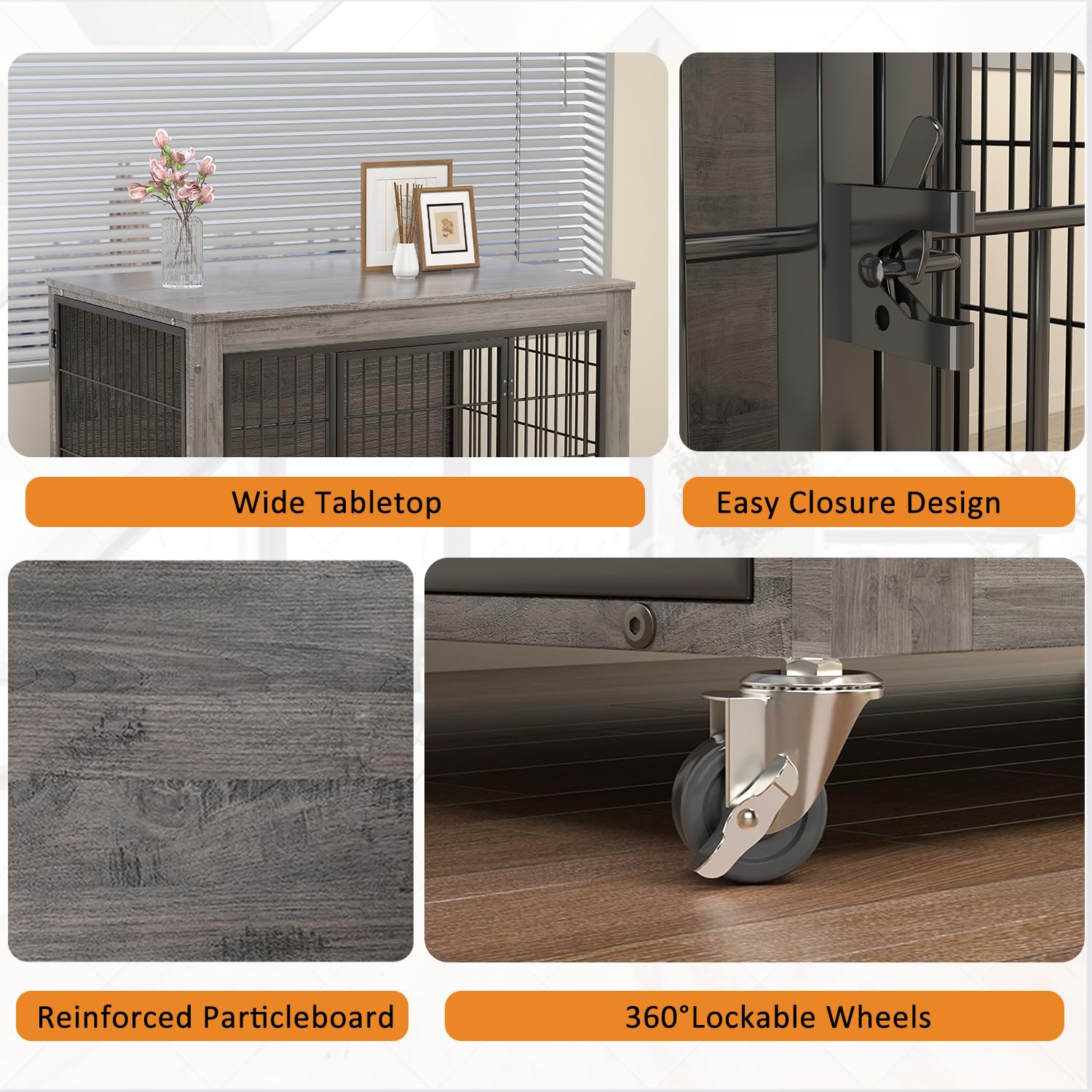 PRETZI Dog Crate Furniture with Cushion,38  Wooden Dog Crate nightstand with Double Doors, Grey Kennel Indoor with Wheels, Decor
