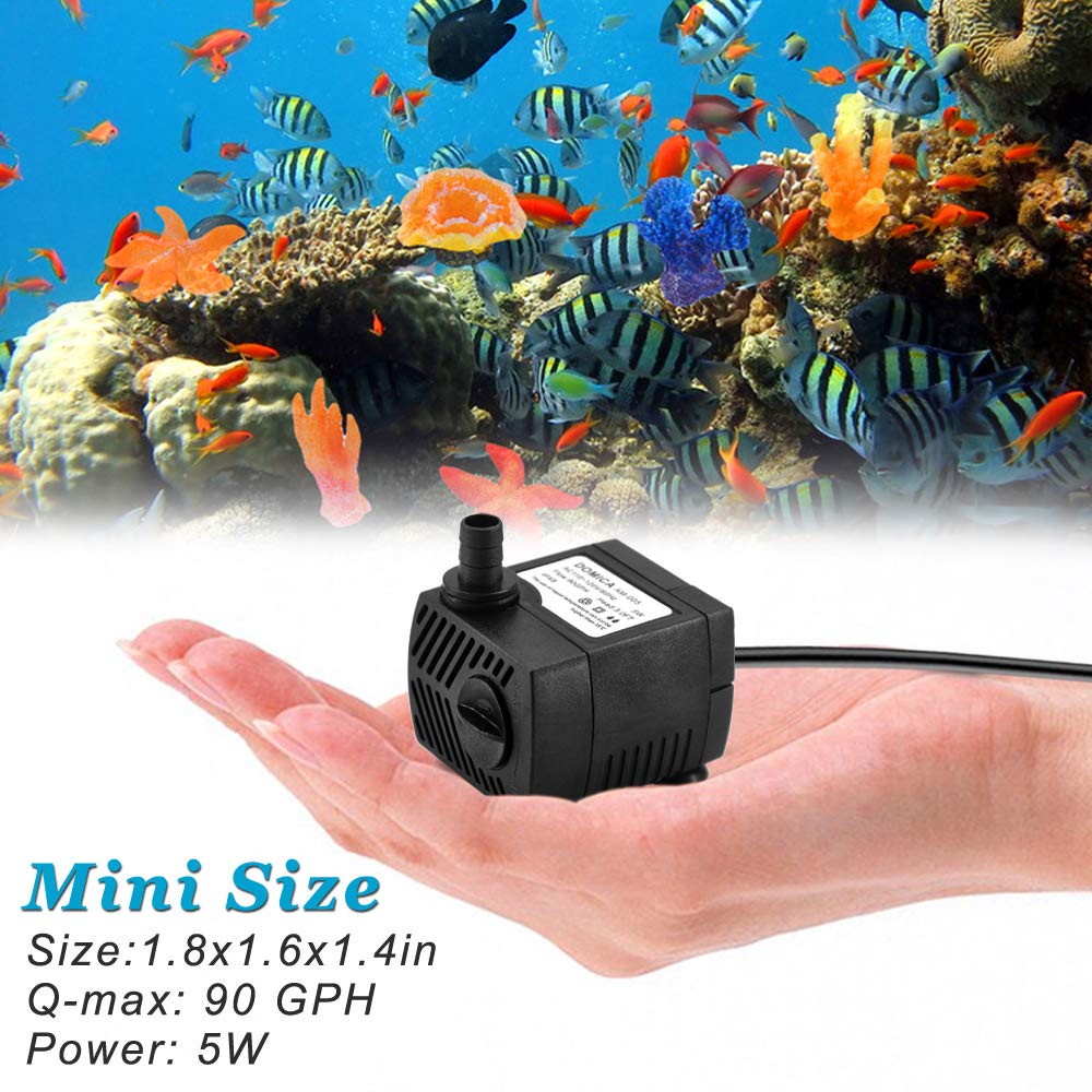 DOMICA 90 GPH Mini Submersible Pump, 5W Fountain Pump for Aquariums & Ponds, Black Plastic, Model FR-PPU12-188