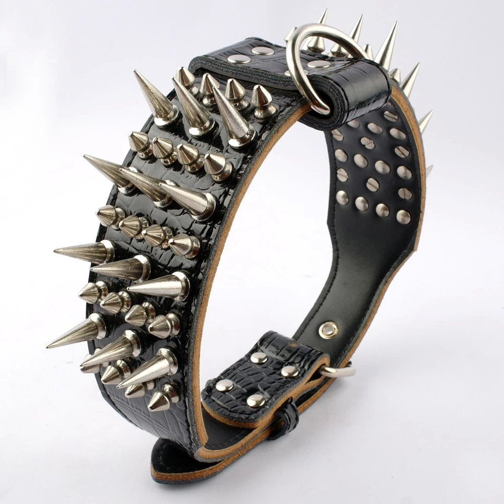 Pet Artist 2' Wide Luxury Sharp Spiked Dog Collar, Durable Anti-Biting Leather Dog Collar For Large Dogs, Black, Xl, Neck For 21-24'