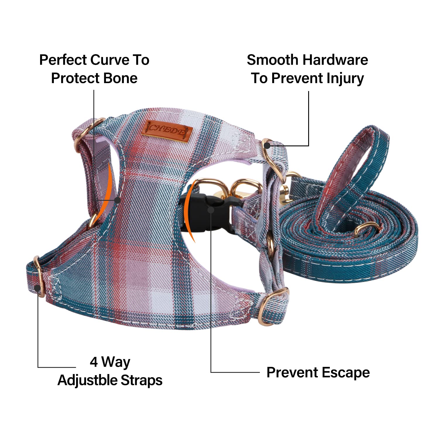 CHEDE No Pull Plain Pattern Dog Harness - Lightweight and Soft, Adjustable for Small and Medium-Sized Dogs, Includes Leash