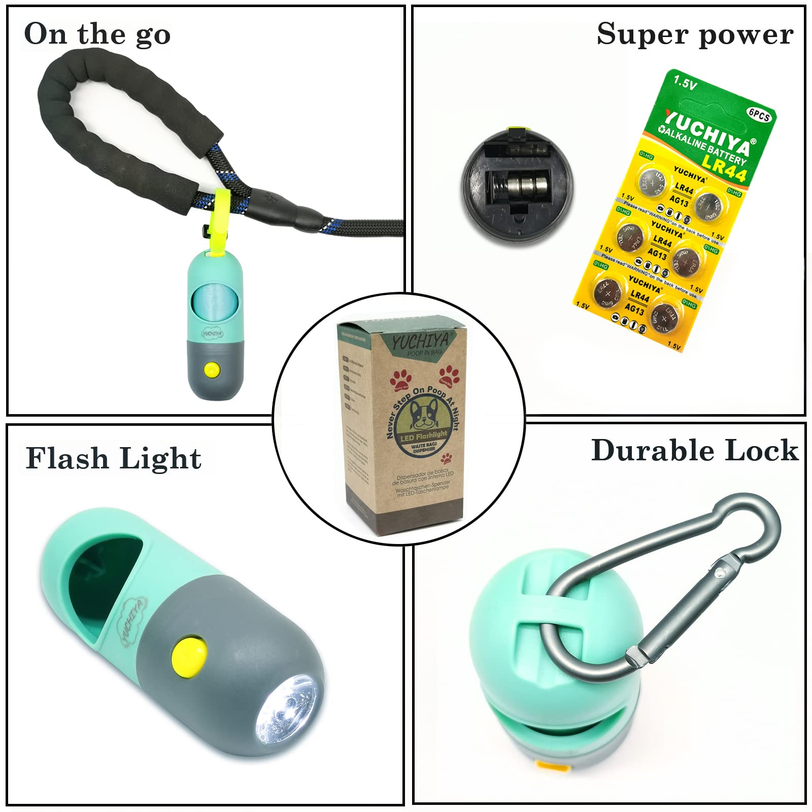 Dog Poop Bags Holder With Led Flashlight|Pet Waste Bags Dispenser For Leash|Doggie Potty Bags Container With Leak-Proof Pet Trash Bags And Accessories (1 Holder 195 Bags, Mint Green)