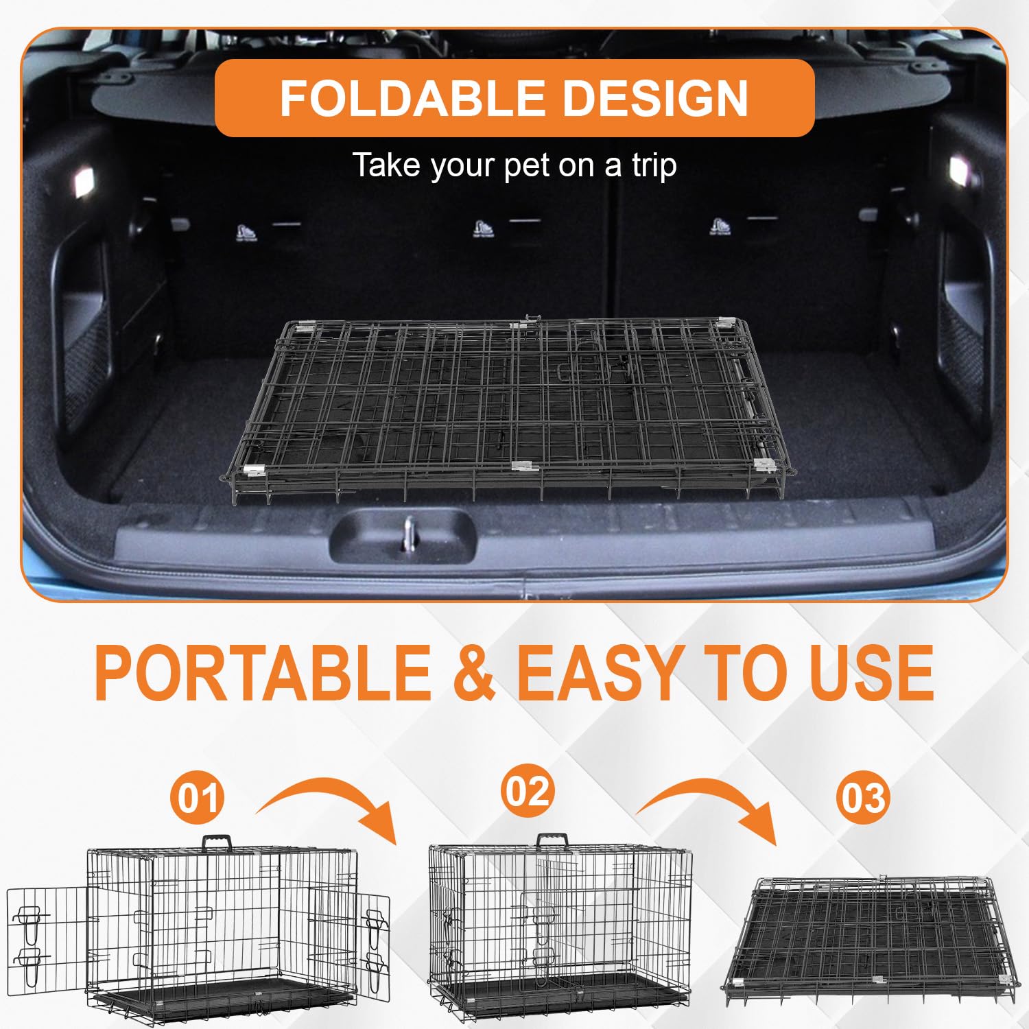 Dog Crate Dog Cage Dog Kennel Outdoor Metal Wire Double-Door Folding Pet Animal Pet Cage For Small Dog 30 Inches With Double Doo