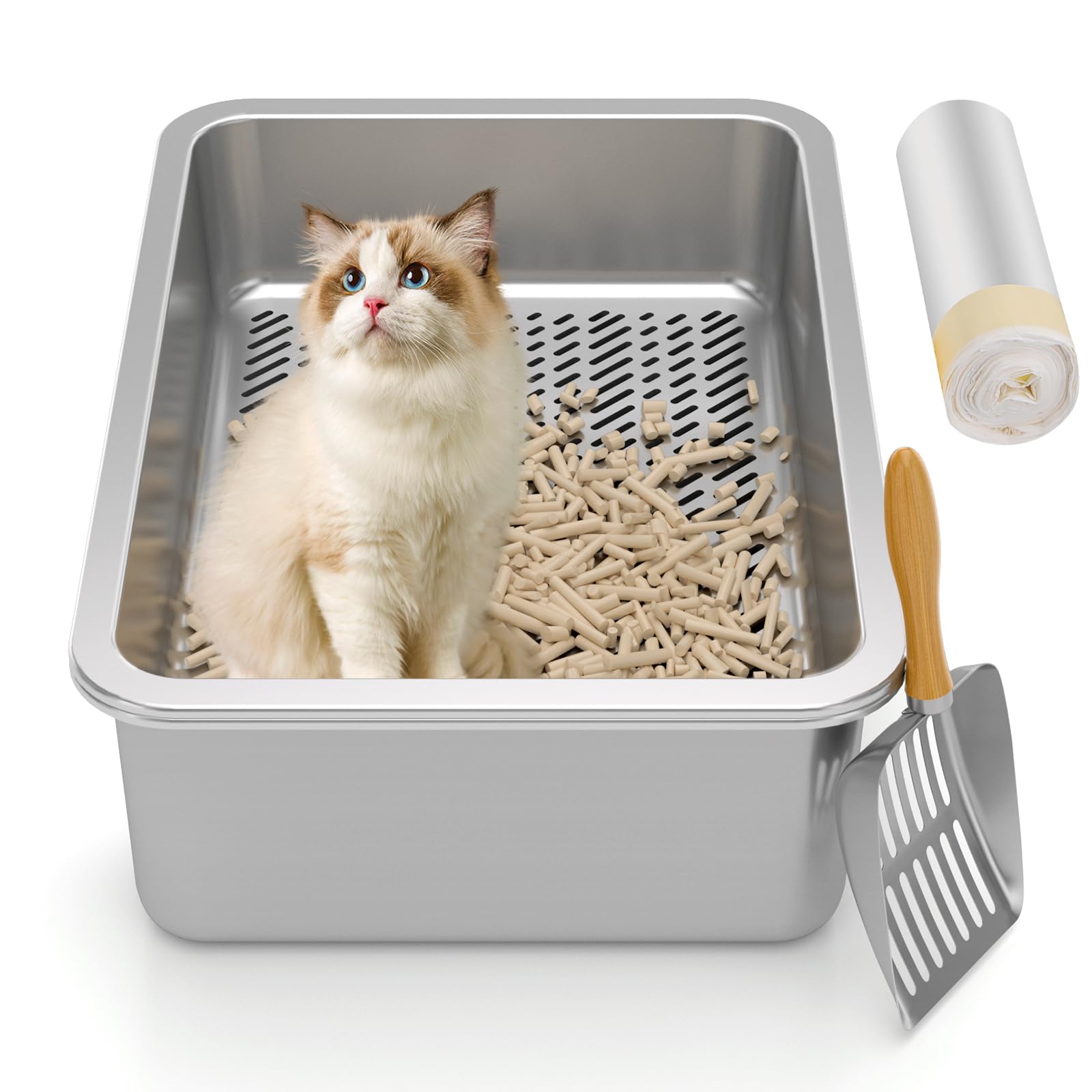 Xl All Stainless Steel Sifting Litter Box With Lid,Sifting Cat Litter Box For Wood Pine Pellets,High Sides Sifter Litter Pan Sys