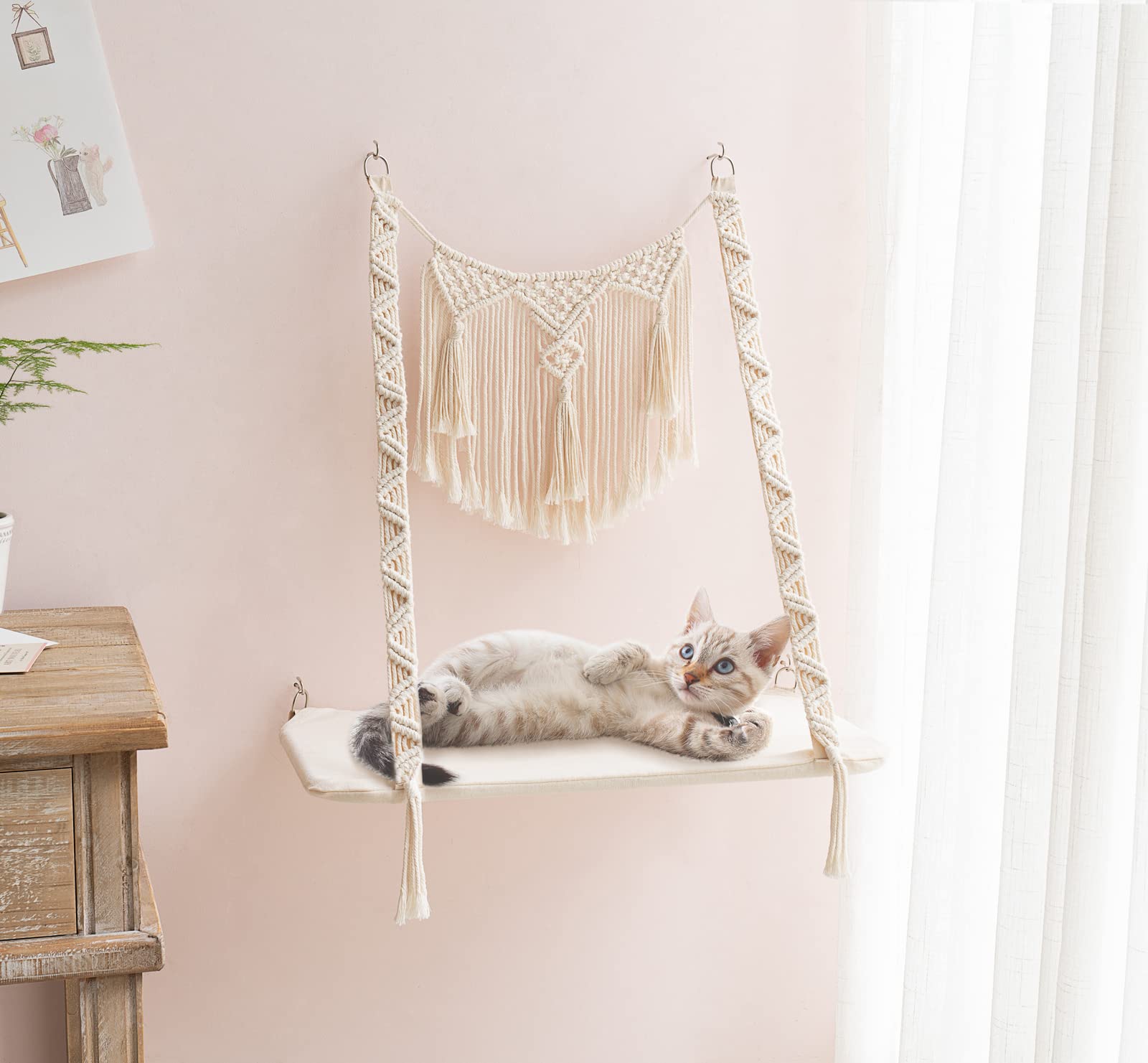 Dahey Cat Window Perch Macrame Cat Hammock Boho Wall Mounted Pet Resting Seat Bed For Indoor Cats Space Saving Kitty Sunny Swing