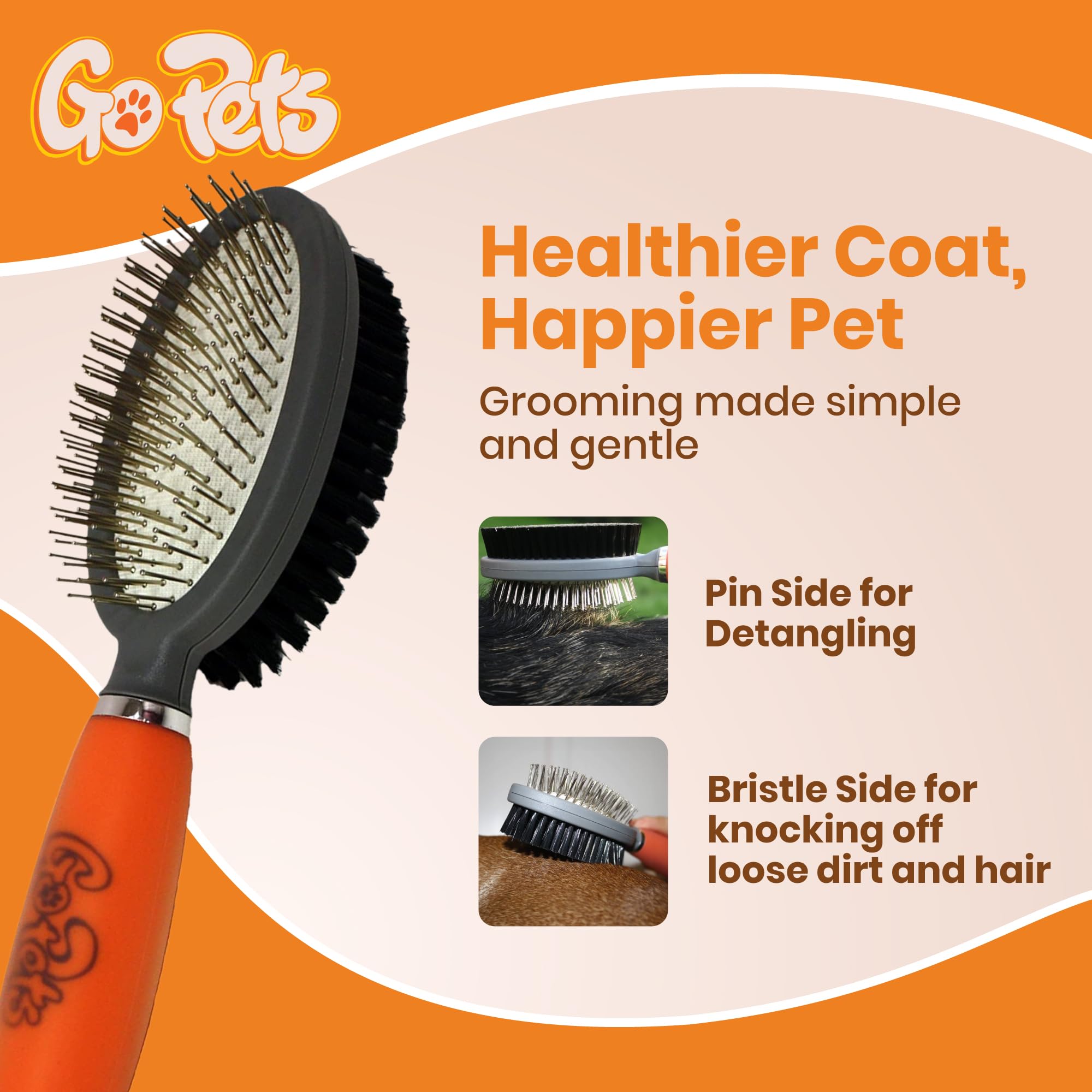 GoPets Double-Sided Dog & Cat Brush, Medium, Orange and Grey, Plastic, Removes Shedding Fur & Mats, Ergonomic Handle