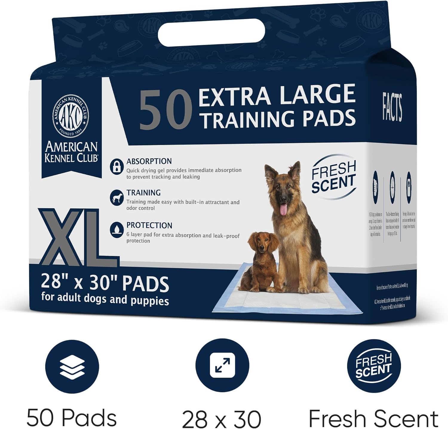 American Kennel Club Scented Puppy Training Pads With Ultra Absorbent Quick Dry Gel – 28 X 30 Pee Pads For Dogs - Fresh Scented - 50 Count, Xl