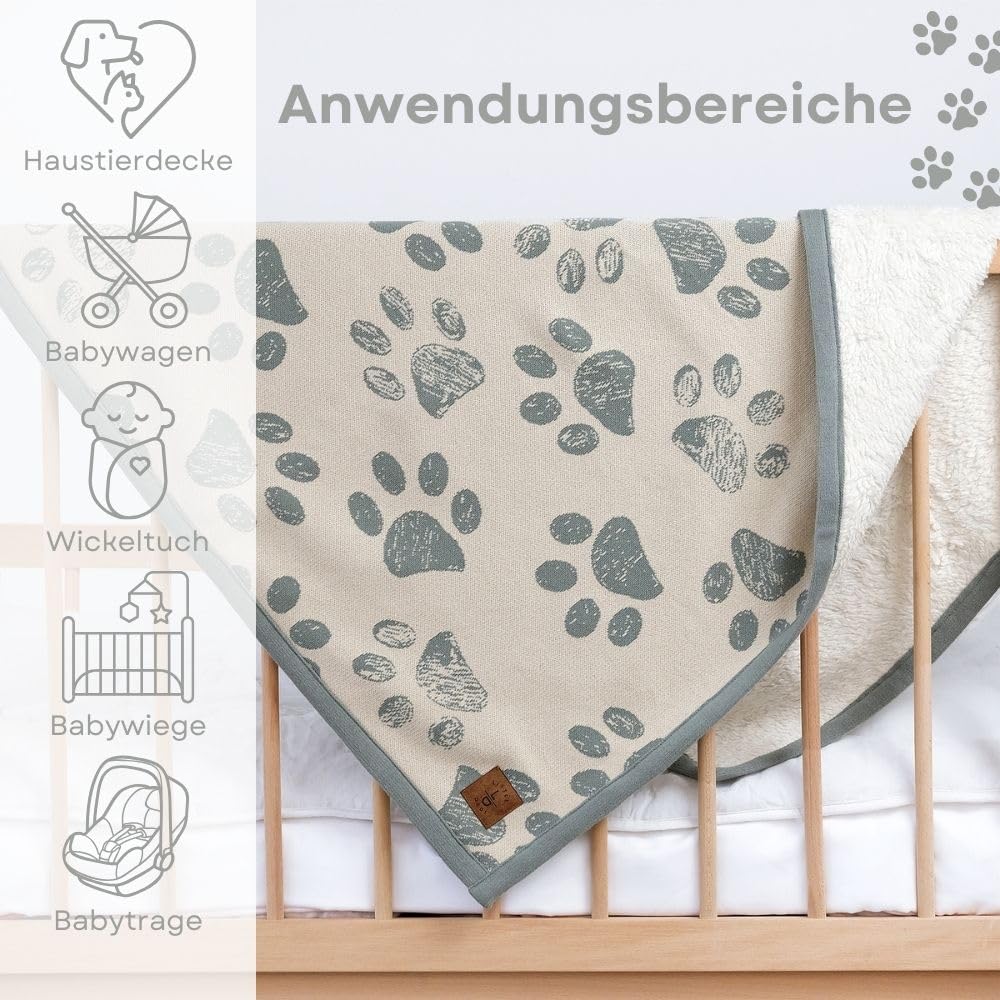Little Dedi Small Pet Blanket - 100% Organic Cotton, Double Layer Plush Sherpa, Soft Plush, Green Jacquard Paw Knit, 30''X38'',