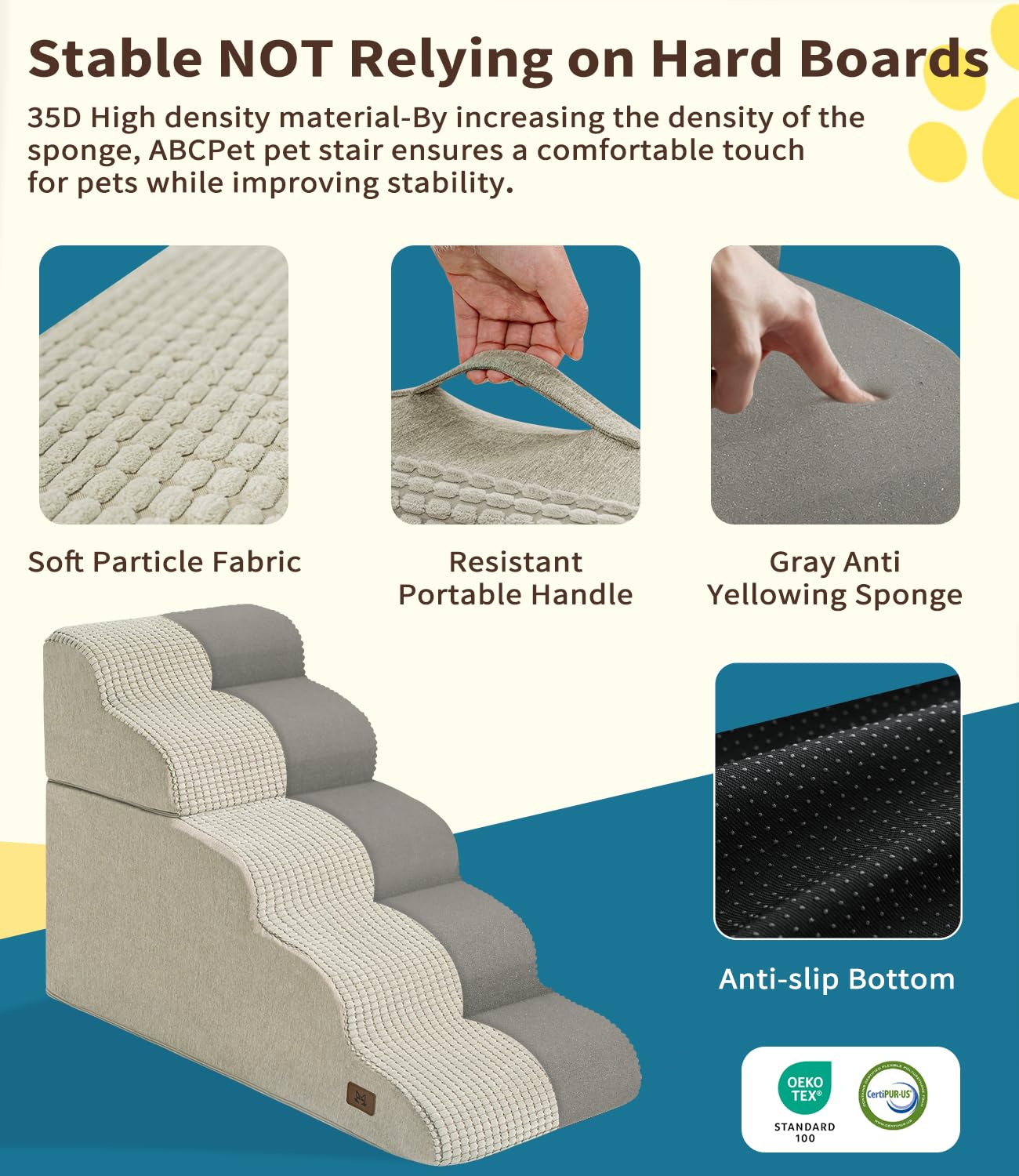 Abcpet Dog Step For Bed, Dog Stair 5-Step 35D Pet Stair 19.7'' H For High Bed Or Sofa Non-Slip Balanced Pet Step Indoor, Beige