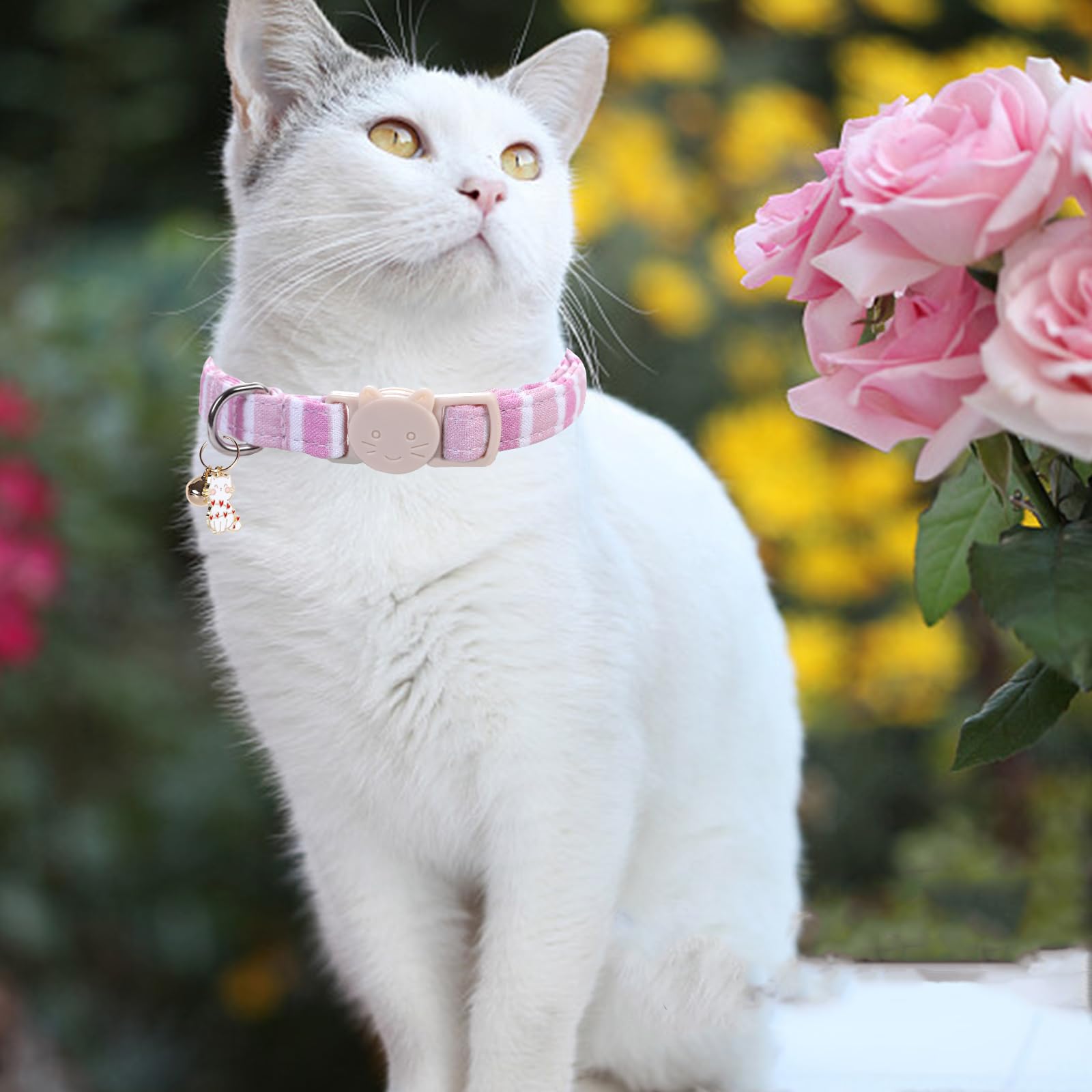 Elegant Little Tail 2 Pack Cat Collar-Pink Strip Cotton Breakaway Cat Collars With Bell Pendant Kitten For Girl Safety Adjustabl