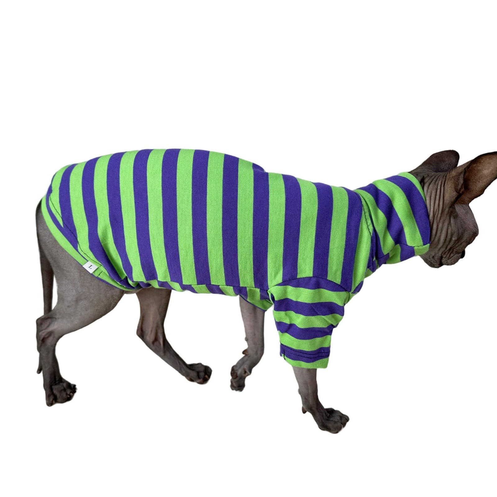 Vintage Stripes Sphynx Hairless Cats Shirt Cotton Cat Turtleneck Pet Clothes Kitten T-Shirts With Sleeves For Sphynx Cats (Eggpl