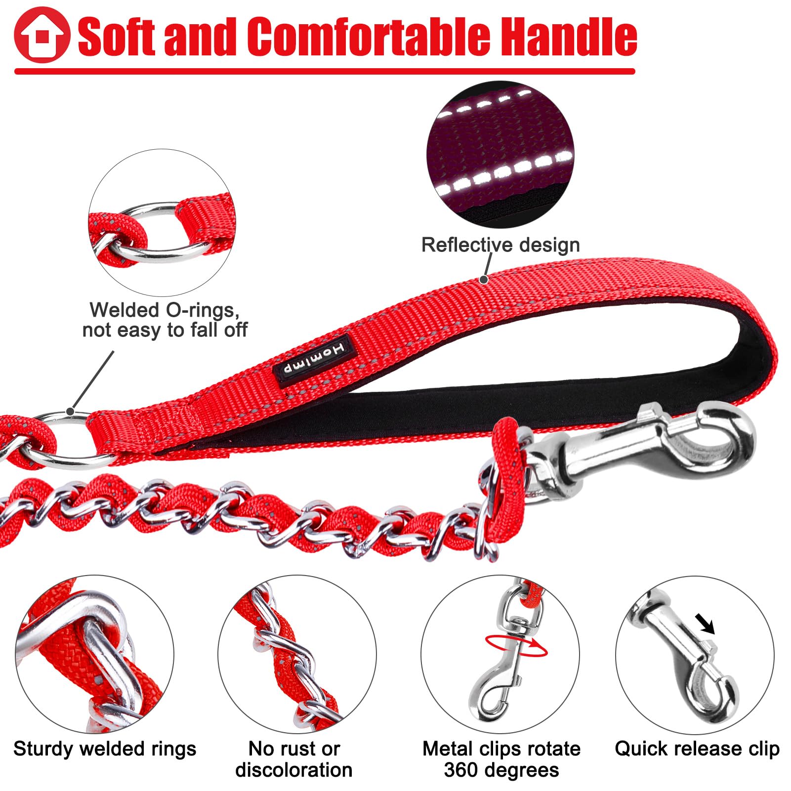 Homimp Chain Dog Leash - Reflective, Chew Proof Metal Leash For Large Dogs, 6 Ft With Comfortable Soft Padded Handle, Anti Bite