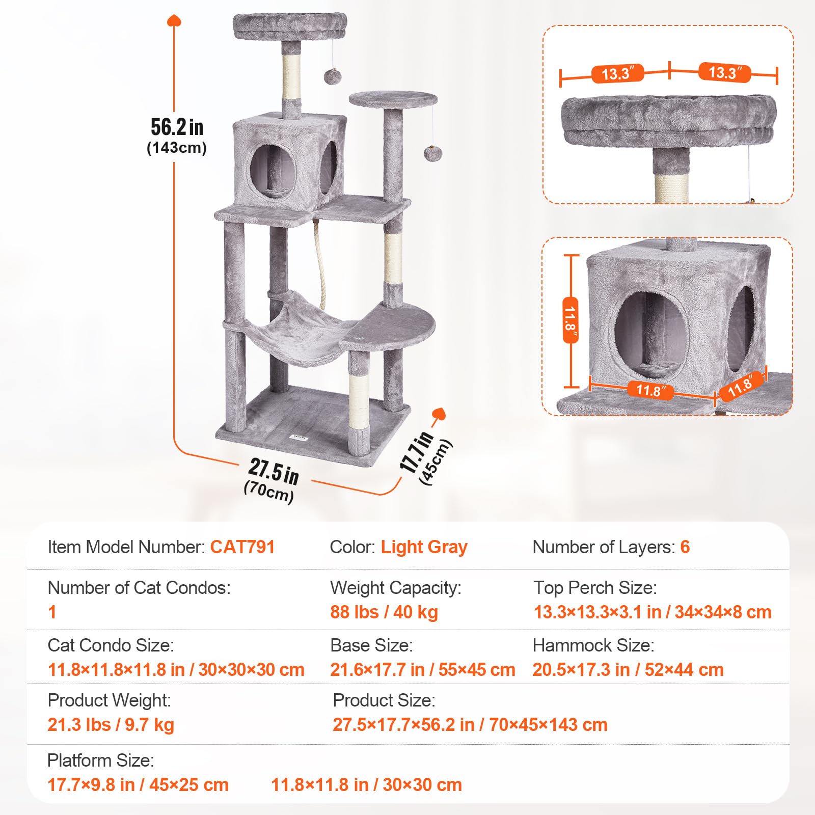 VEVOR Cat Tree 56.2 Cat Tower with Cat Condo Sisal Scratching Post Light Grey