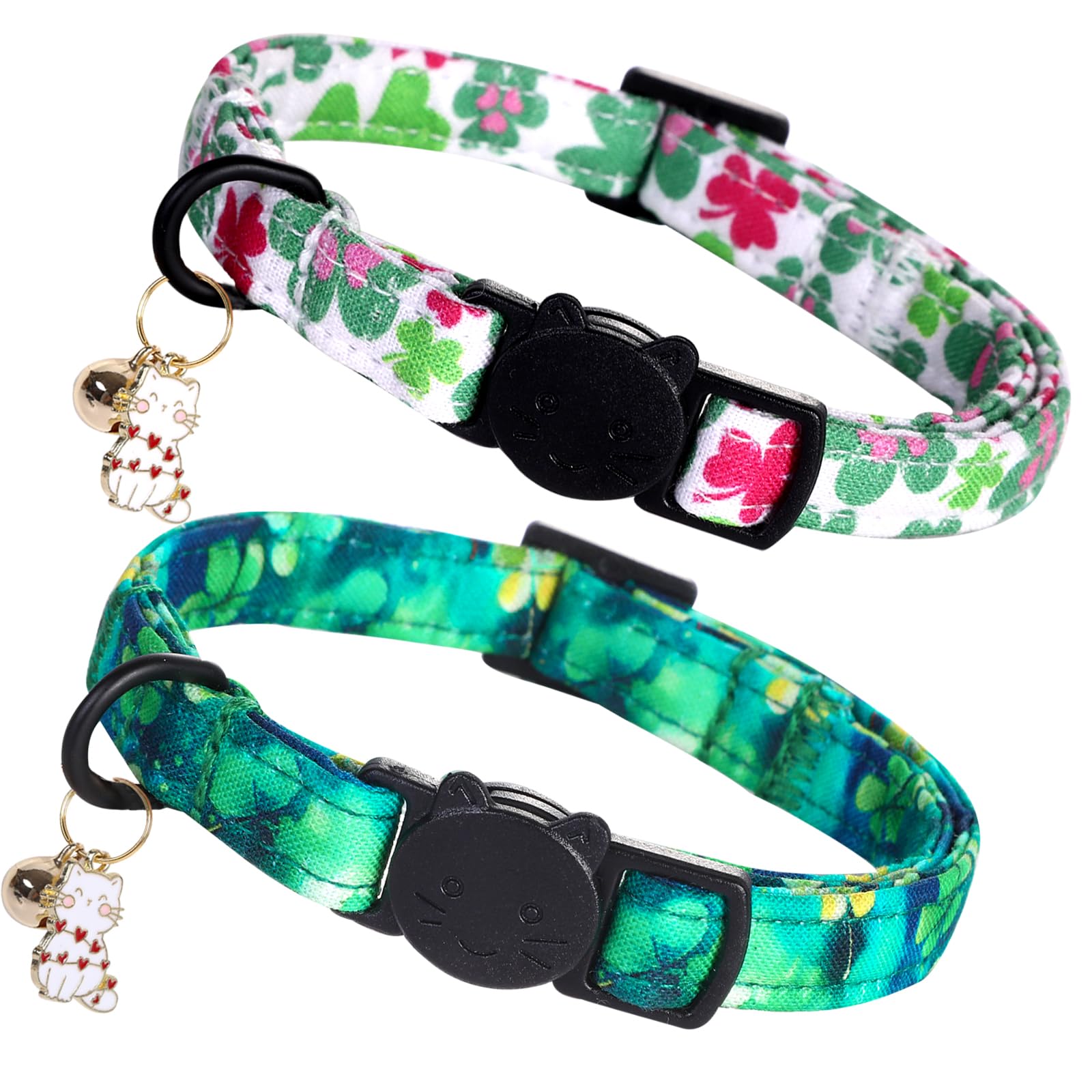 Elegant Little Tail St Patrick'S 2 Pack Cat Collar- Trefoil Print Cotton Breakaway Cat Collars With Bell Pendant Kitten For Boy 