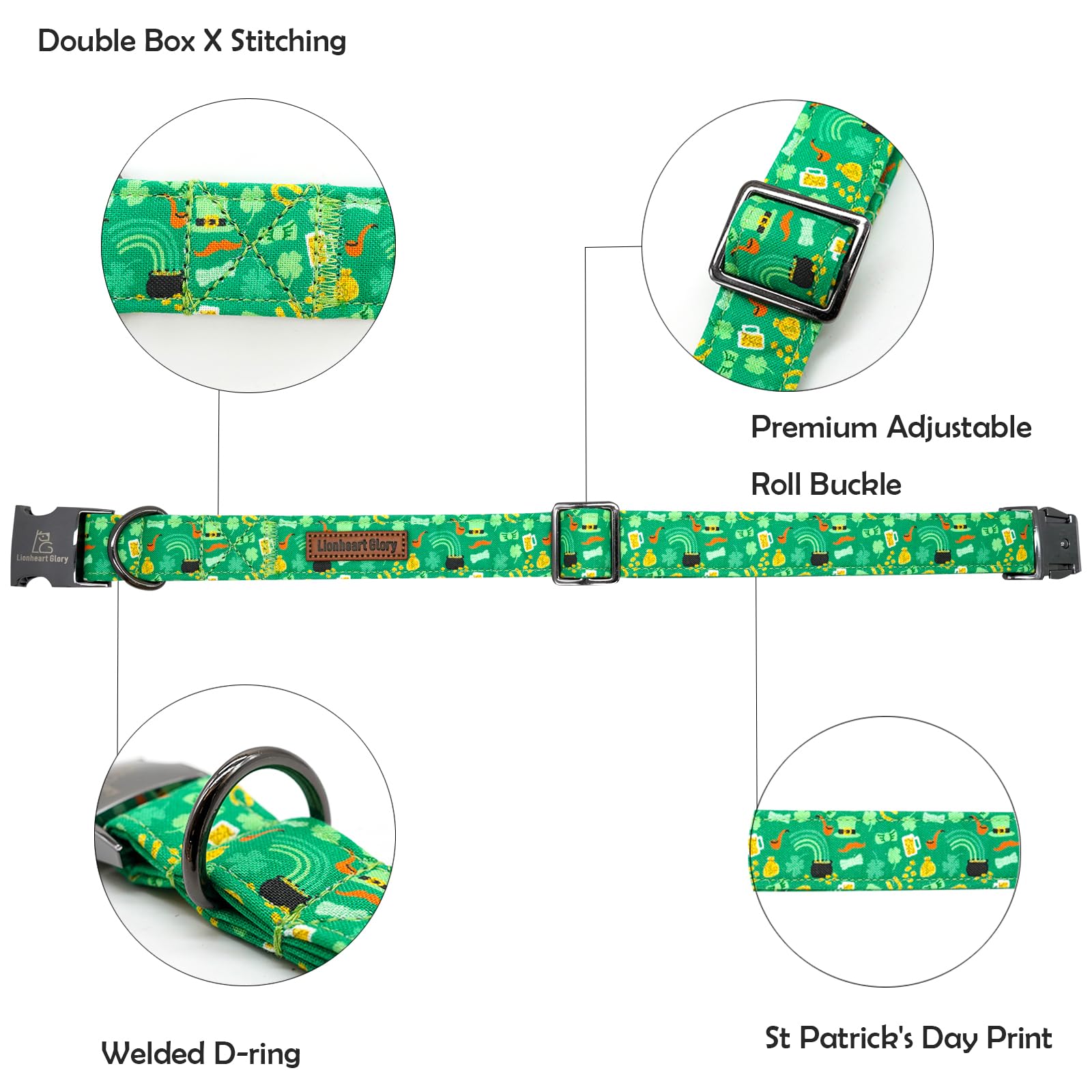 Lionheart Glory St. Patrick Dog Collar, Clover Collars Green Dog Collar For Small Dogs Spring Dog Collar Adjustable Heavy-Duty P