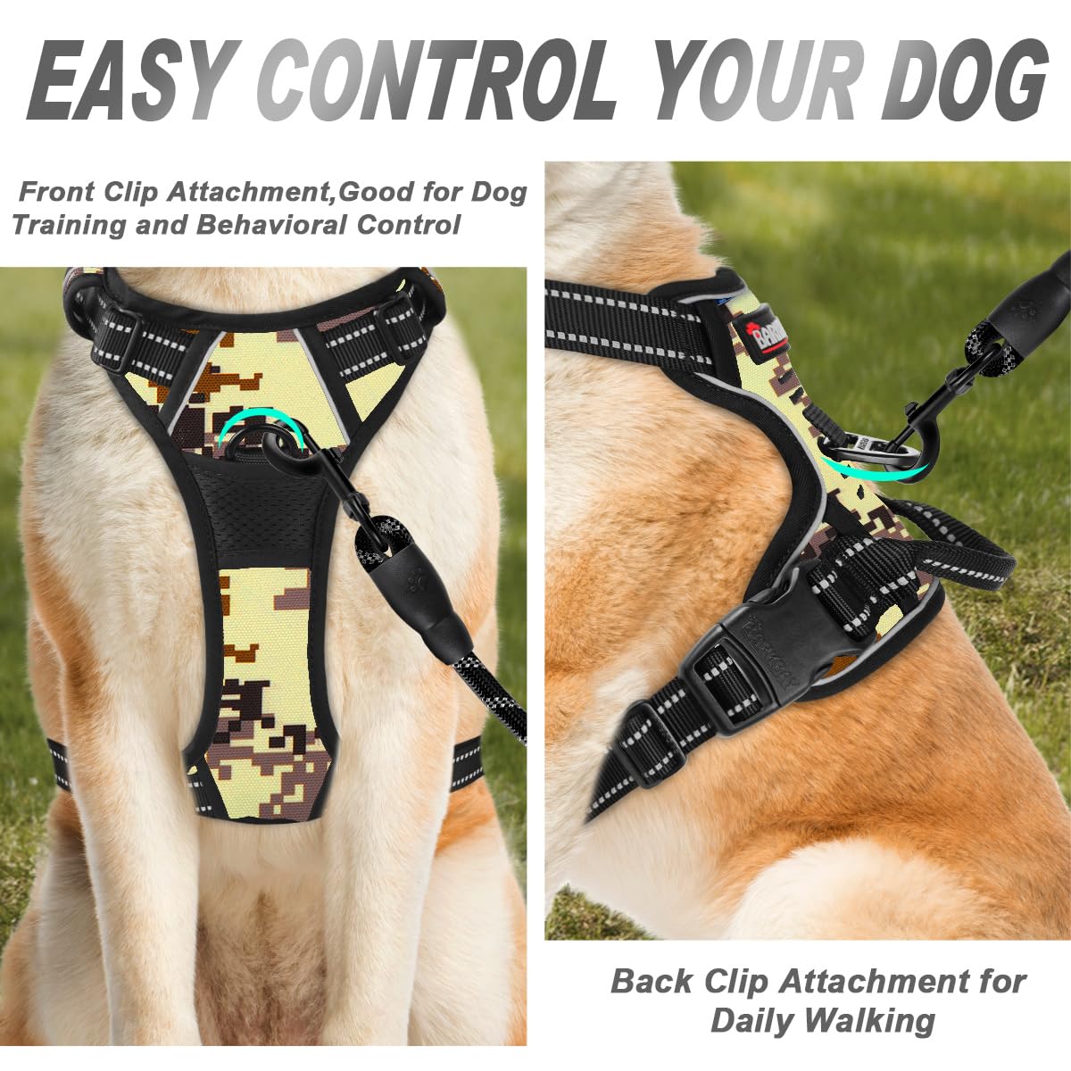 Barkbay No Pull Dog Harness Front Clip Heavy Duty Reflective Easy Control Handle For Large Dog Walking(Desert Camo,S)
