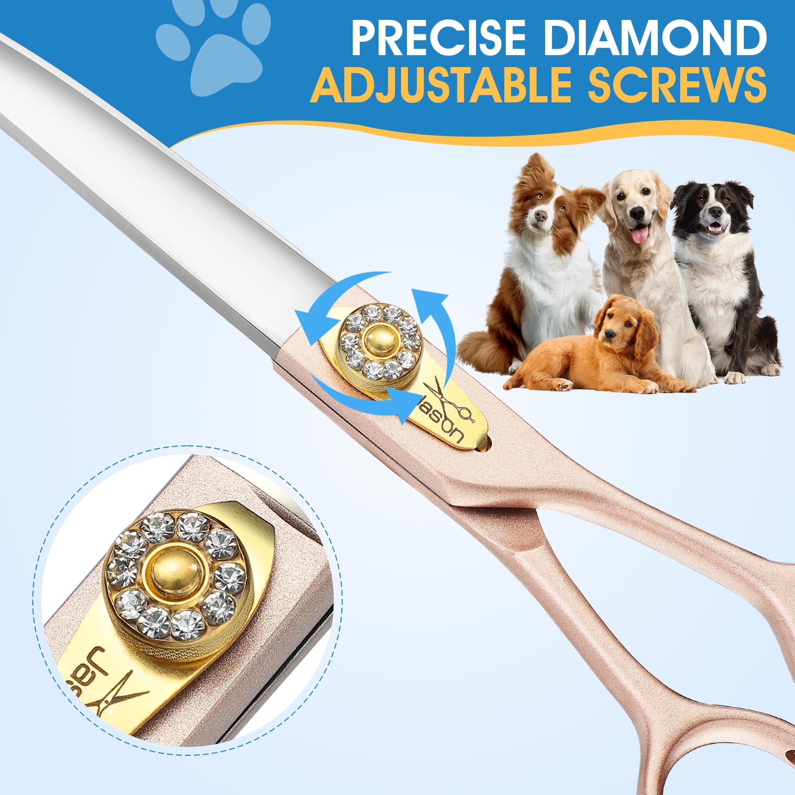 Jason Professional Dog Grooming Scissors - 7 Inch Curved Shear Japanese 440C Stainless Steel Dog Scissors With Diamond Screw, Ro