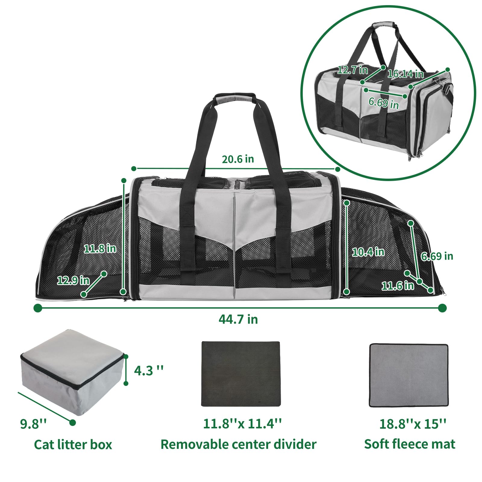 Cat Carrier With Litter Box - Inrlkit Cat Carrier For 2 Cats, Portable 2-In-1 Double Cat Travel Carrier Bag For Traveling, Expan