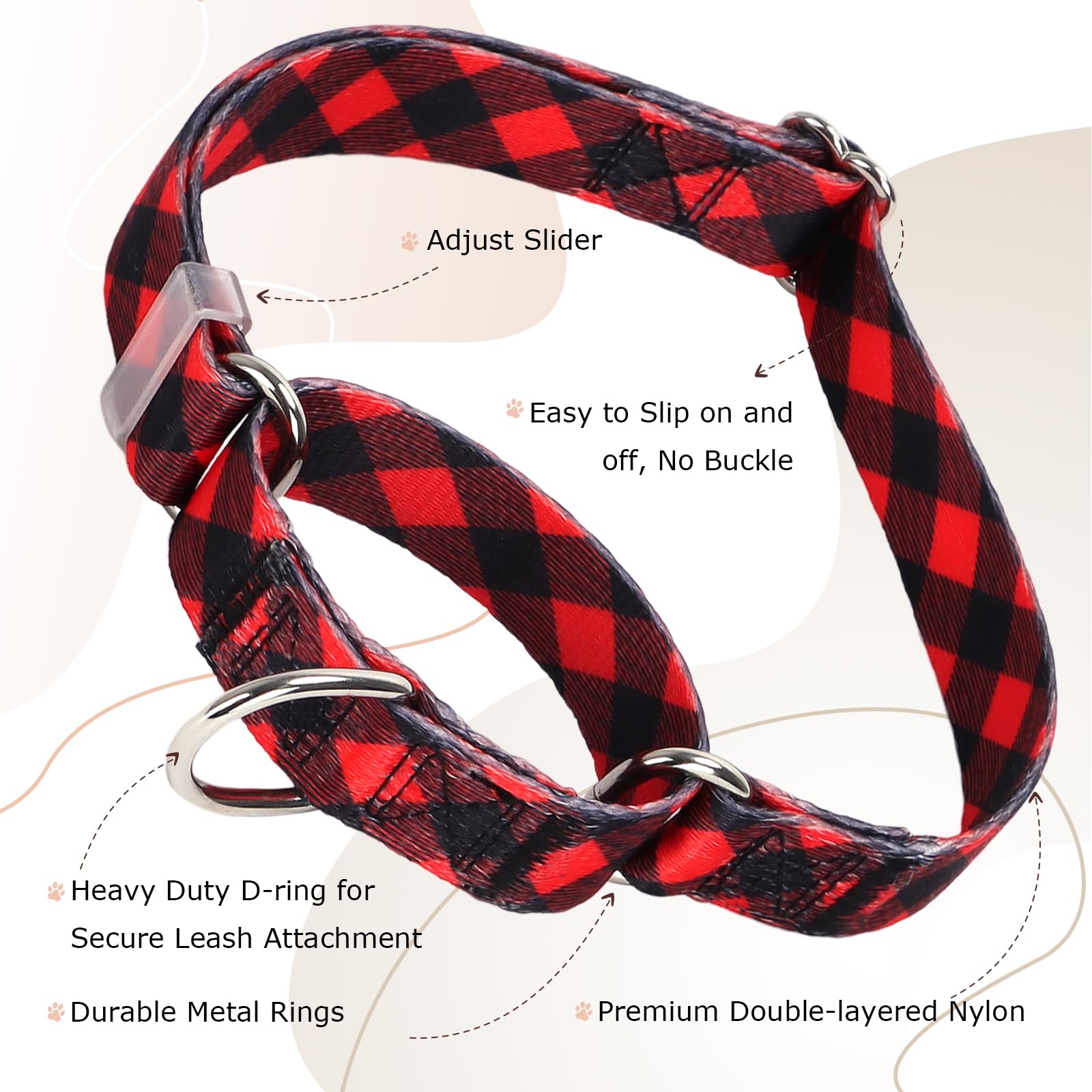Martingale Collar For Dogs, With Special Red Buffalo Plaid Design For Large Medium Small Dogs, Adjustable Premium No Slip Collar