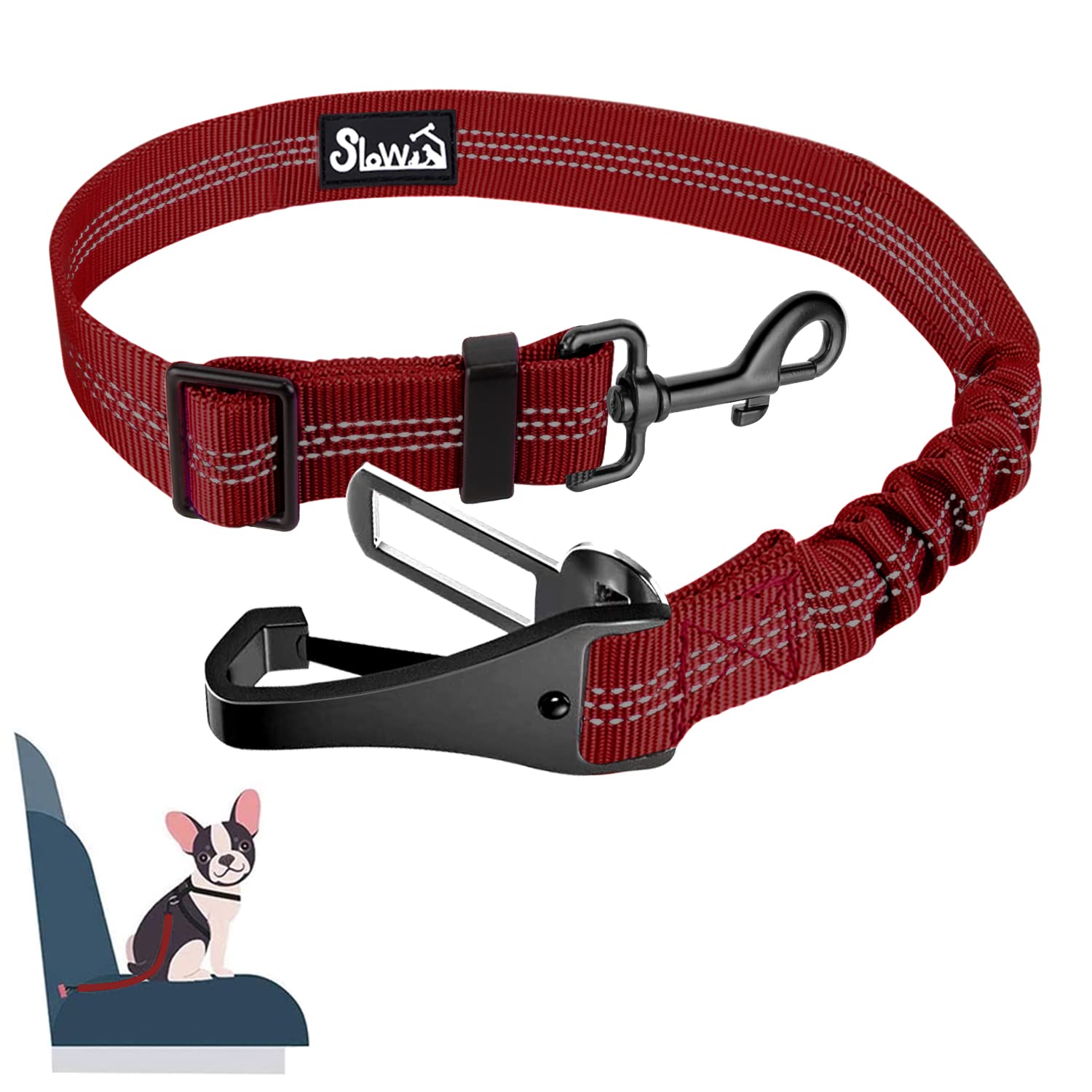 Slowton Dog Seat Belt, Adjustable Dog Safety Belt Leash, 2 In 1 Latch Bar Attachment Dog Car Seatbelt With Elastic Nylon Bungee Buffer, Reflective Nylon Belt Tether Connect To Dog Harness (Red)