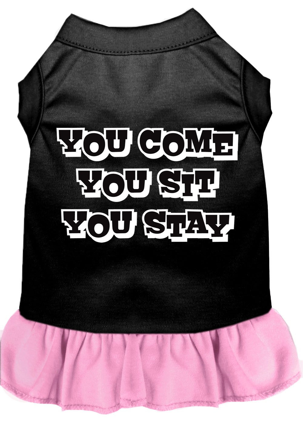 Pet Dog & Cat Dress Screen Printed, You Come, You Sit, You Stay Black W/Light Pink SM (3-6 lbs.)
