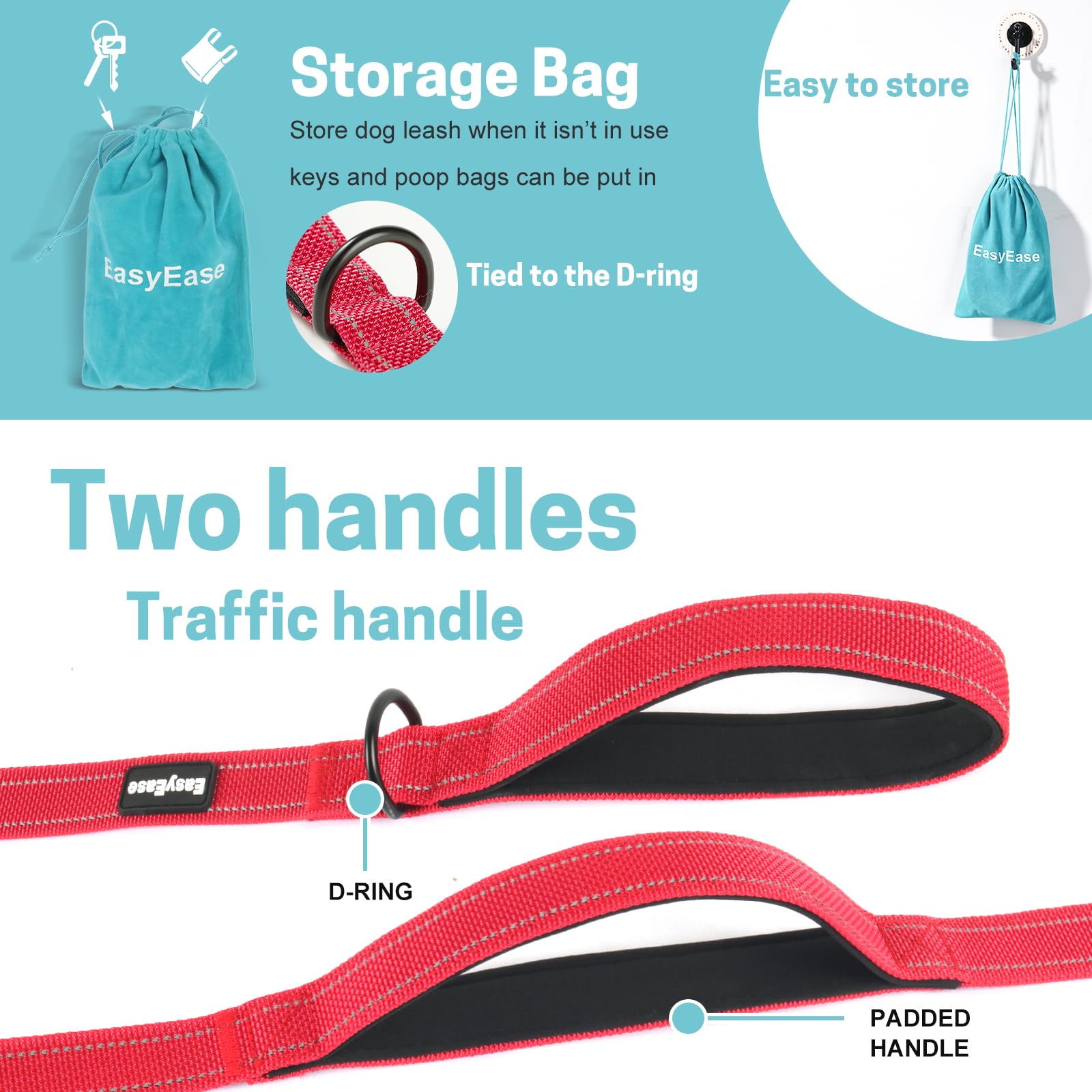 Easyease Dog Leash With 2 Comfortable Soft Padded Handles 6Ft Red Reflective Heavy Duty Pet Dog Walking Leashes Durable Dog Trai