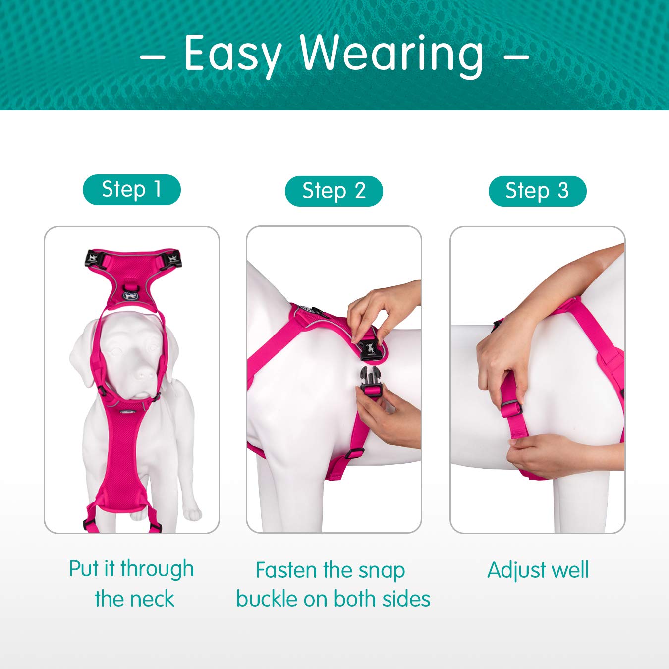 Poypet Reflective Soft Breathable Mesh Dog Harness No Choke Double Padded Vest Adjustable(Fuchsia,M)