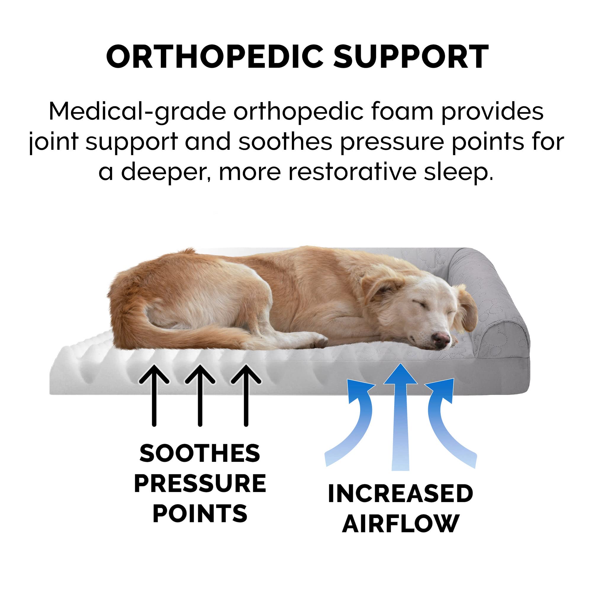 Furhaven Orthopedic Dog Bed For Large Dogs W/ Removable Bolsters & Washable Cover, For Dogs Up To 95 Lbs - Pinsonic Quilted Paw L Shaped Chaise - Titanium, Jumbo/Xl