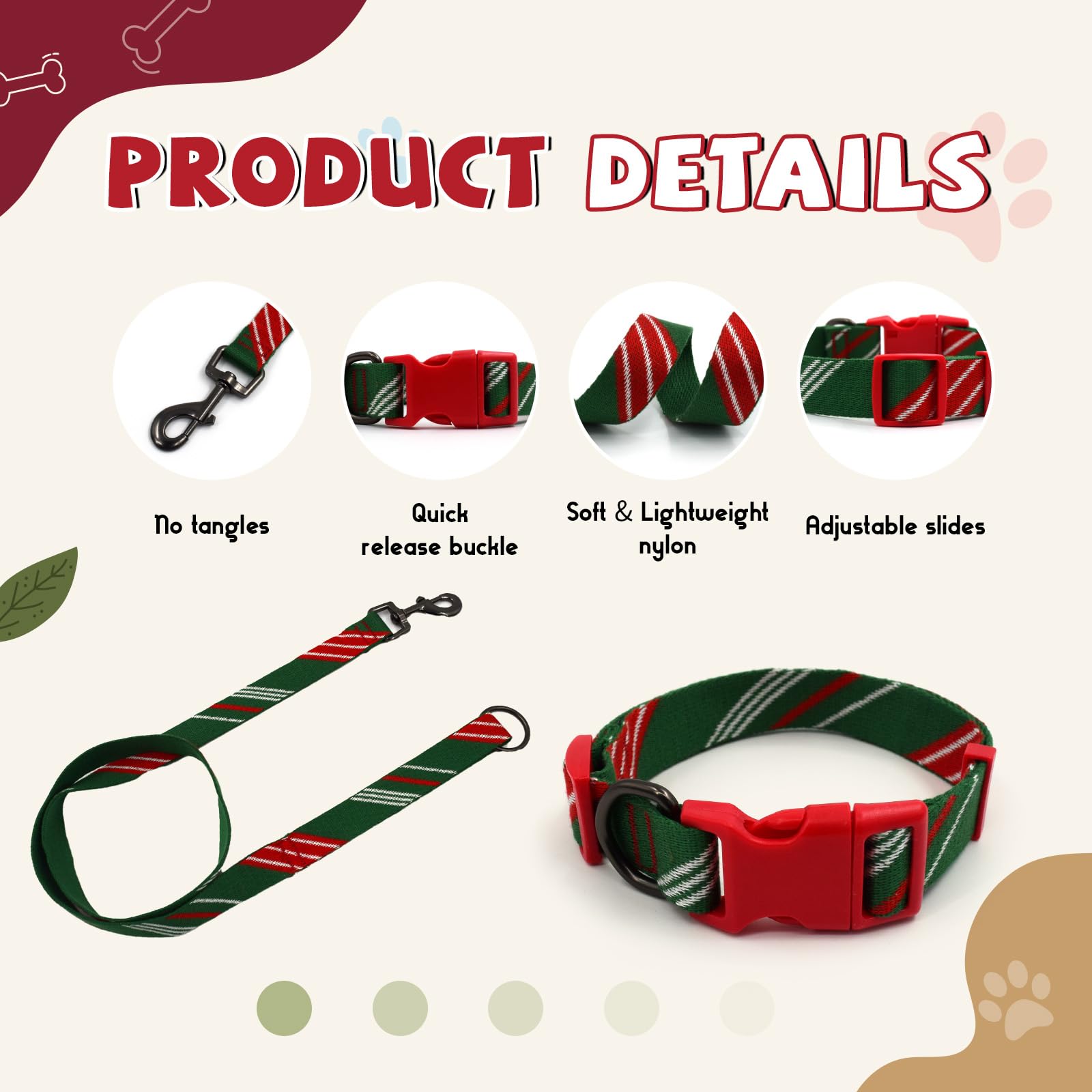 Green Red Dog Collar And Leash Set For Medium Size Dog, Breathable, Anti-Odor & Soft, Comfortable For Sensitive Skin Puppies, 90