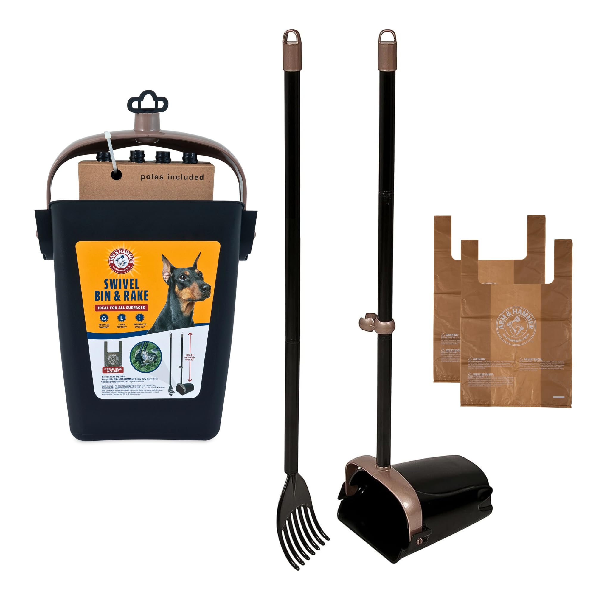 Arm & Hammer Dog Pooper Scooper Swivel Bin & Rake, Poop Scoop For Dogs, Black (2 Heavy Duty Scented Waste Bags Included)