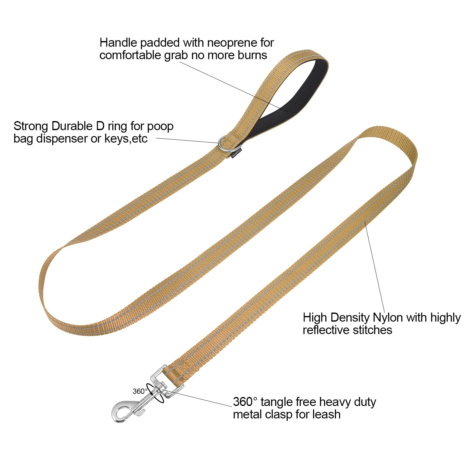 Usunyvora Reflective Nylon Dog Leash For Walking,Strong Dog Leash With Padded Handle For Medium And Large Dogs,5 Ft,Camel