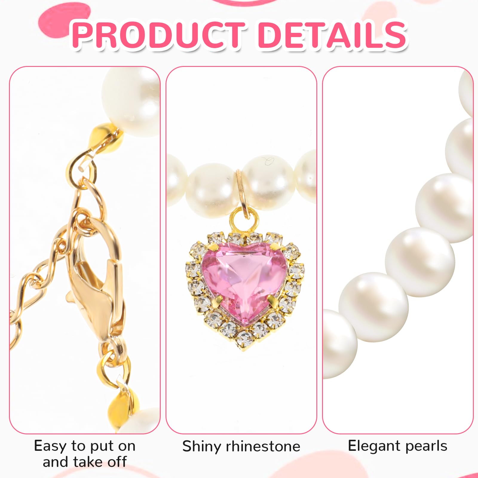 Tyqour 2Pcs Cute Girl Cat Collar, Fancy Dog Pearl Necklace Collars Adjustable Pearl Dog Cats Collars With Small Heart Shape Rhin