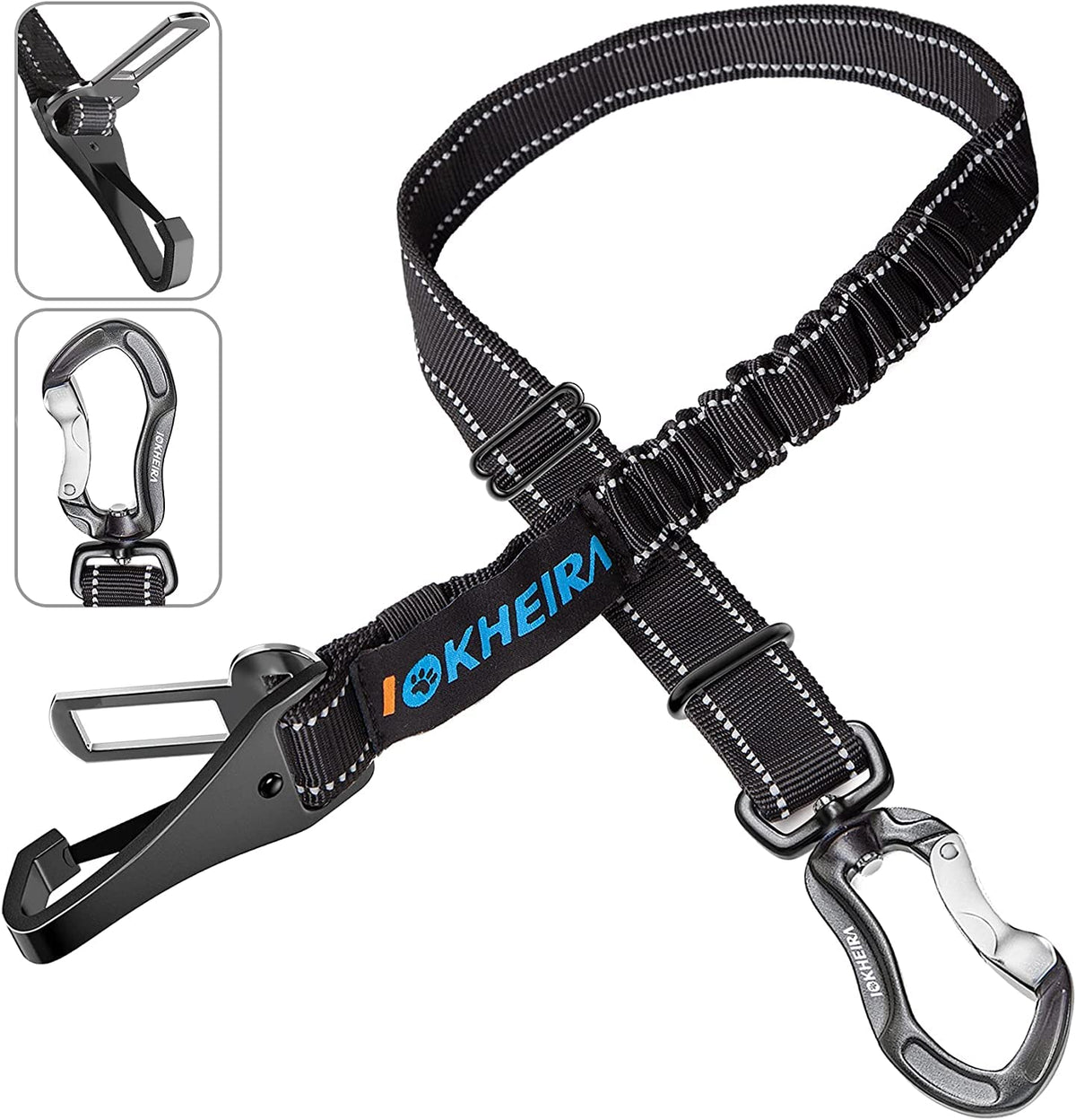 Iokheira Dog Seatbelt, Updated Adjustable Harness Reflective Bungee Dog Car Seat Belt With Aviation Aluminum Alloy Rotatable Carabiner, Hook & Buckle