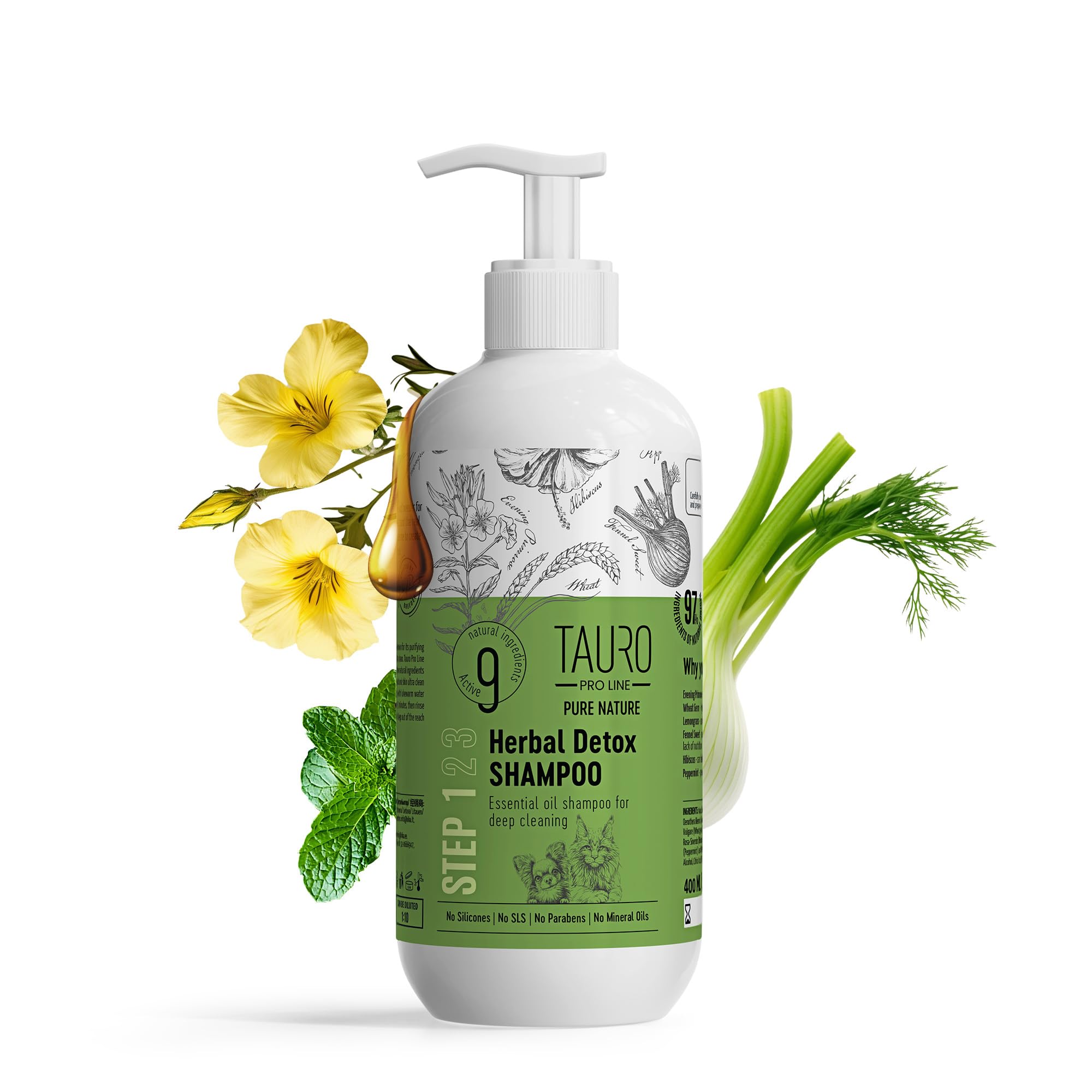 Tauro Pro Line Pure Nature Herbal Detox Deep Cleansing Gentle Formula Pet Shampoo Healthy Skin & Coat Care Grooming For Dogs And