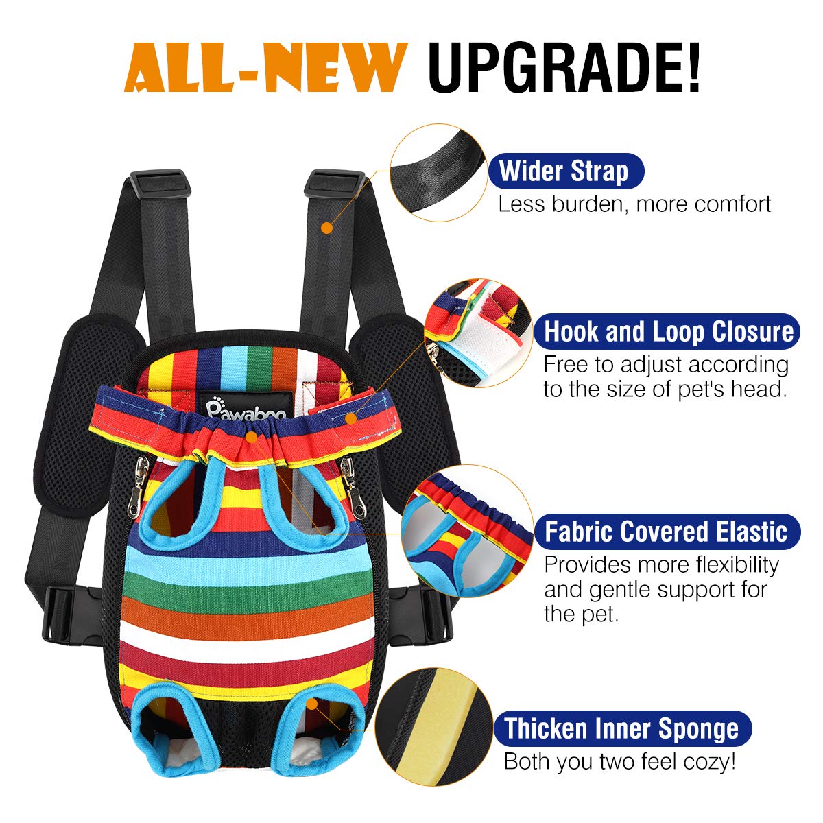 Pawaboo Pet Carrier Backpack, Adjustable Pet Front Cat Dog Carrier Backpack Travel Bag, Legs Out, Easy-Fit For Traveling Hiking Camping For Small Medium Dogs Cats Puppies, Small, Colorful Strips