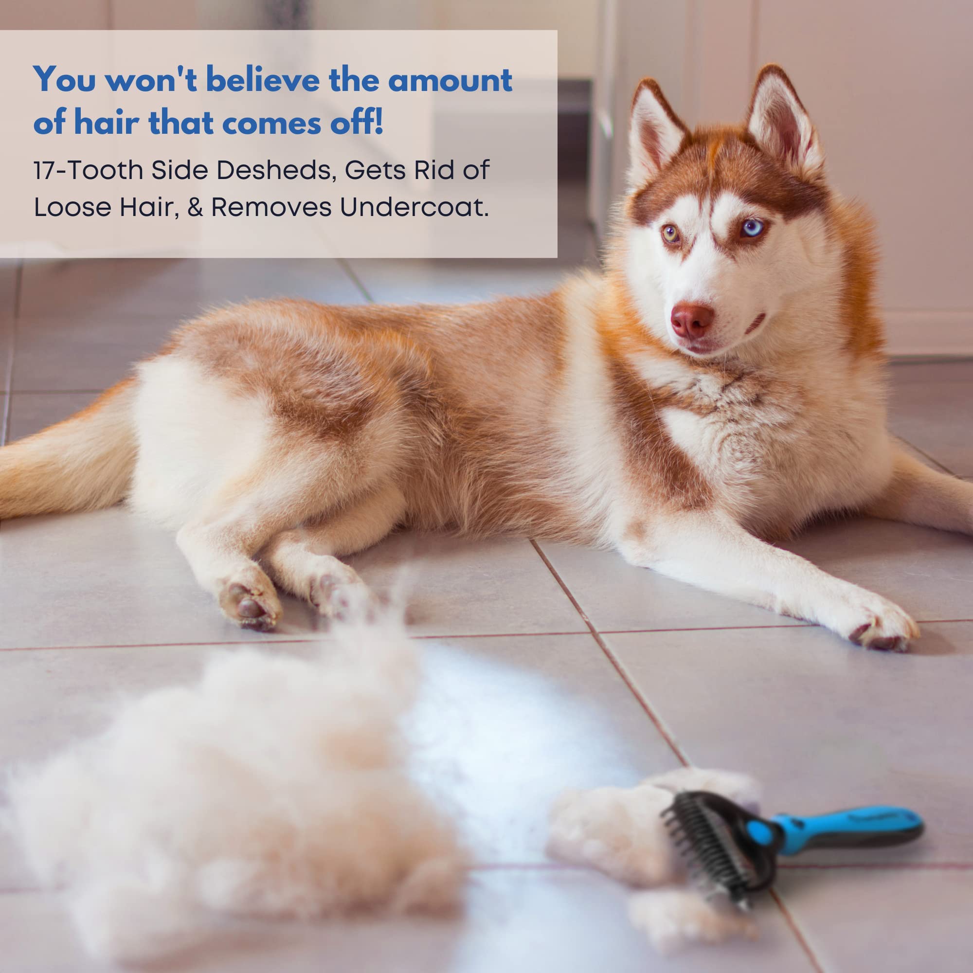 Freshly Bailey Double-Sided Dog & Cat Dematting Brush - Safe Detangler Rake for Matted Fur, Blue & Black, 6.88 x 3.9 Inch