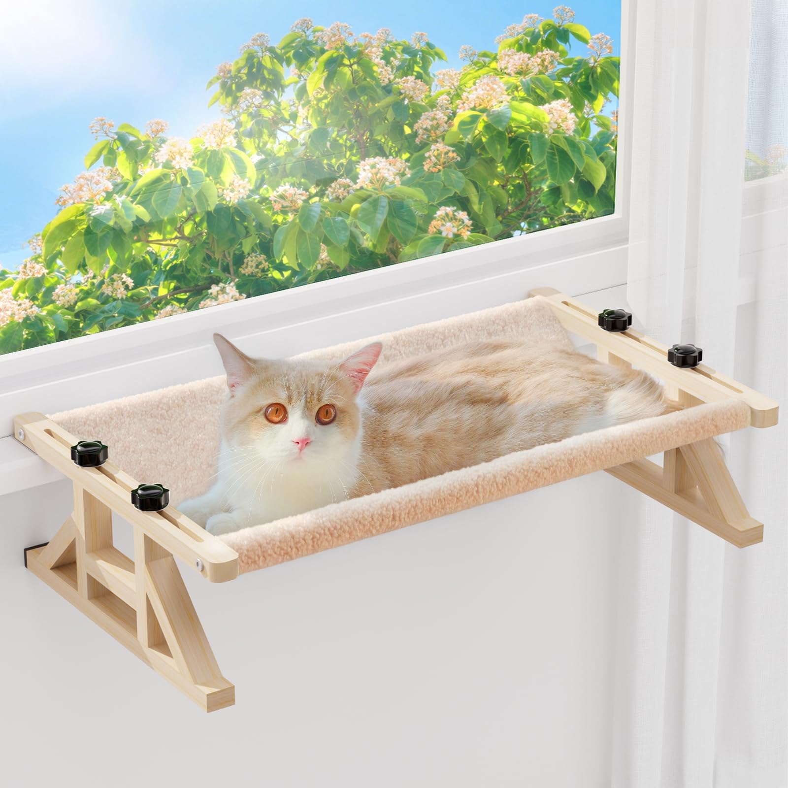 Tresbro 2-In-1 Cat Window Perch & Elevated Cat Hammock, 15.7''W * 10.2''H * 26''L Wooden Frame Pet Bed For Large Indoor Cats, Ea