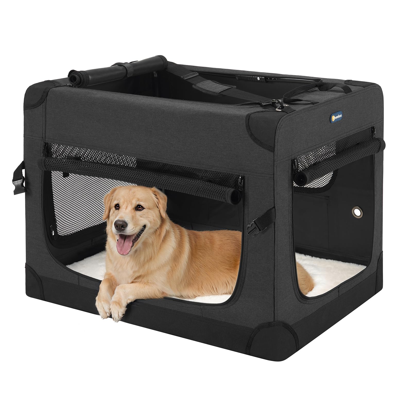 Veehoo 36 Inch Folding Soft Dog Crate, 4-Door Portable Collapsible Pet Kennel Travel Dog Crate For Large Dogs, 5 X Durable Mesh 