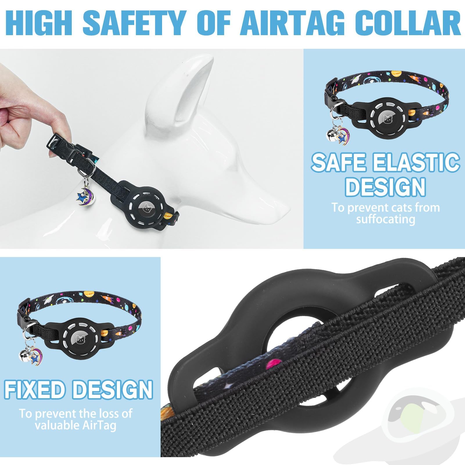 Bingpet Airtag Cat Collar With Bells, Upgraded Safety Elastic Cat Collar With Airtag Cat Collar Holder, Anti-Lost Cat Collars Fo