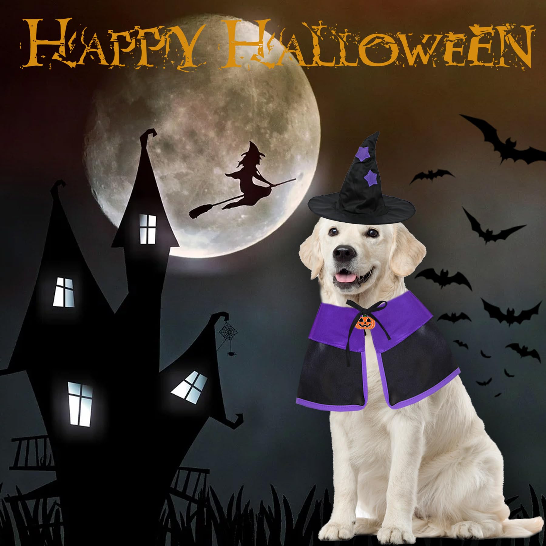 Goyoswa Dog Halloween Costumes, Dog Witch Costume Halloween Dog Witch Cloak Cape Wizard Hat Halloween Costumes For Small Medium Large Dogs Pets(Large)