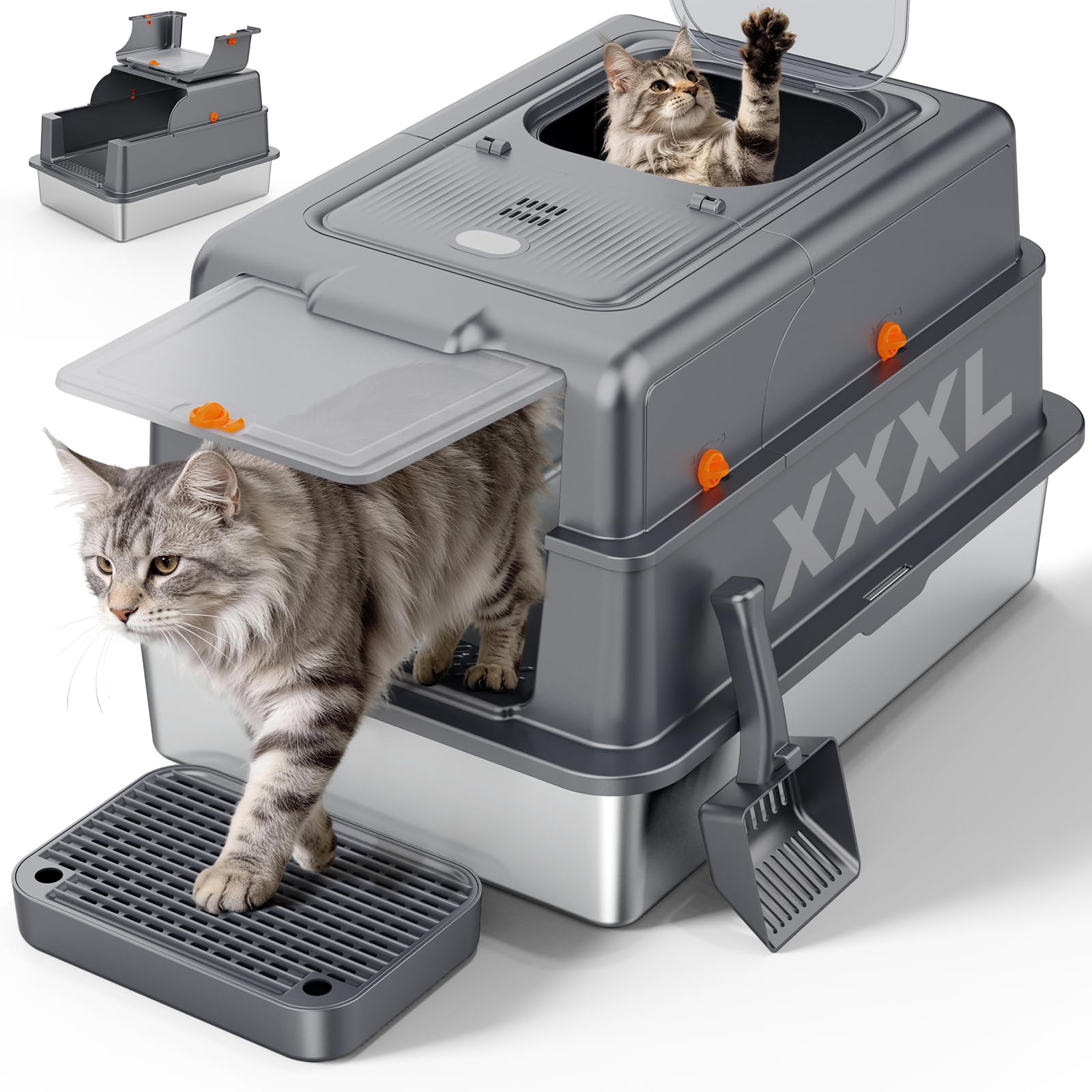 FURTIME XXXL Extra Large Stainless Steel Litter Box with Lid, Large Enclosed Cat Litter Box for Big Cats, Metal Cat Box with Hig