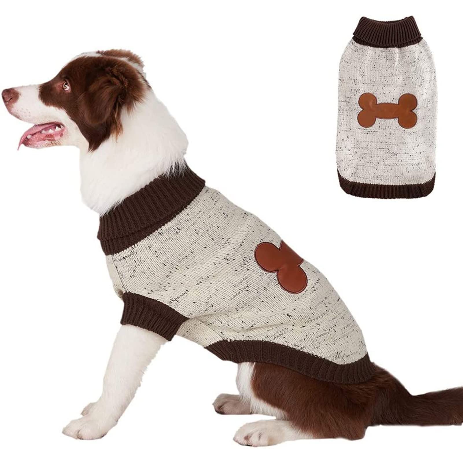 Bingpet Turtle Neck Dog Sweater - Brown Bone Pattern - Puppy Winter Warm Cloth For Small Medium Large Dogs