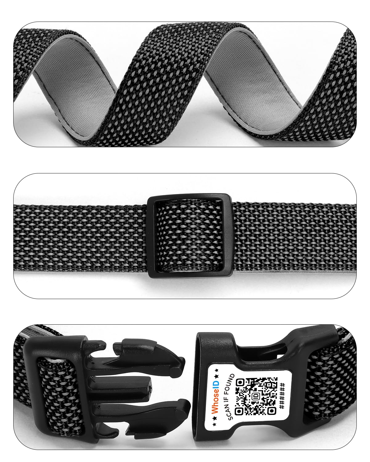 Whoseid Reflective Dog Collar With Airtag Holder,Adjustable Dog Collar With Neoprene Padded & Anti-Lost Qr Code Buckle (Black, X