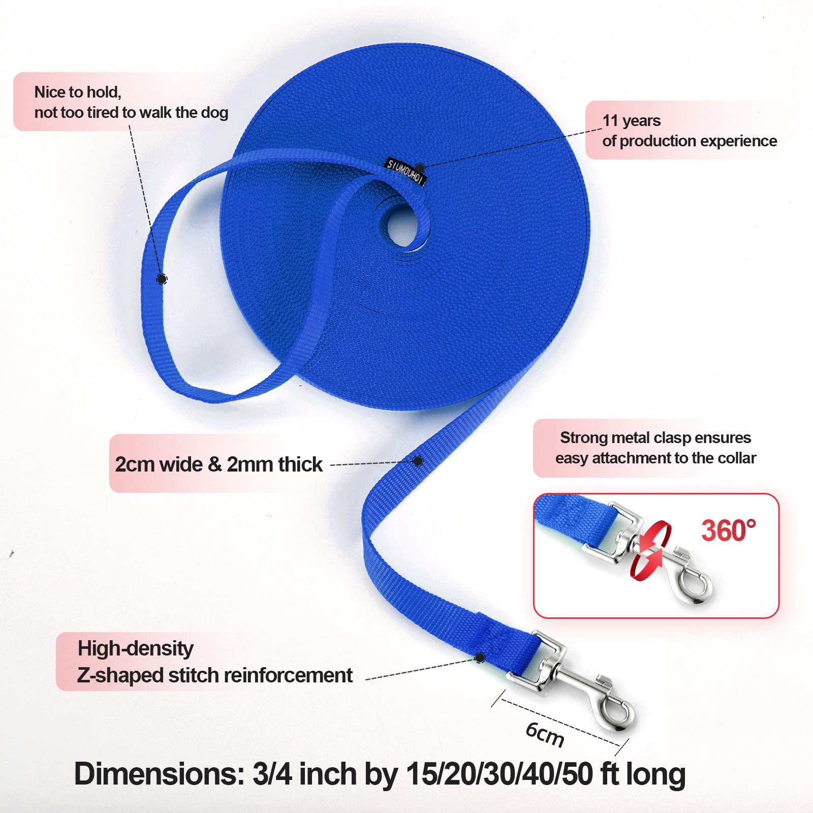 Siumouhoi Dog/Puppy Obedience Recall Training Agility Lead-15 Ft 20 Ft 30 Ft 40 Ft 50 Ft Long Leash -For Training Leash, Play, Safety, Camping,Or Backyard (20Feet, Blue)