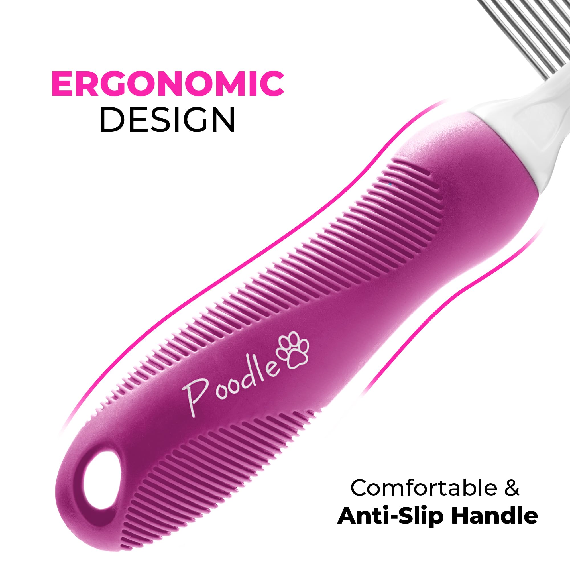 Poodle Pet Detangling Pet Comb With Long & Short Stainless Steel Teeth For Removing Matted Fur, Knots & Tangles ?Detangler Tool Accessories For Safe & Gentle Diy Dog & Cat Grooming (Pink)