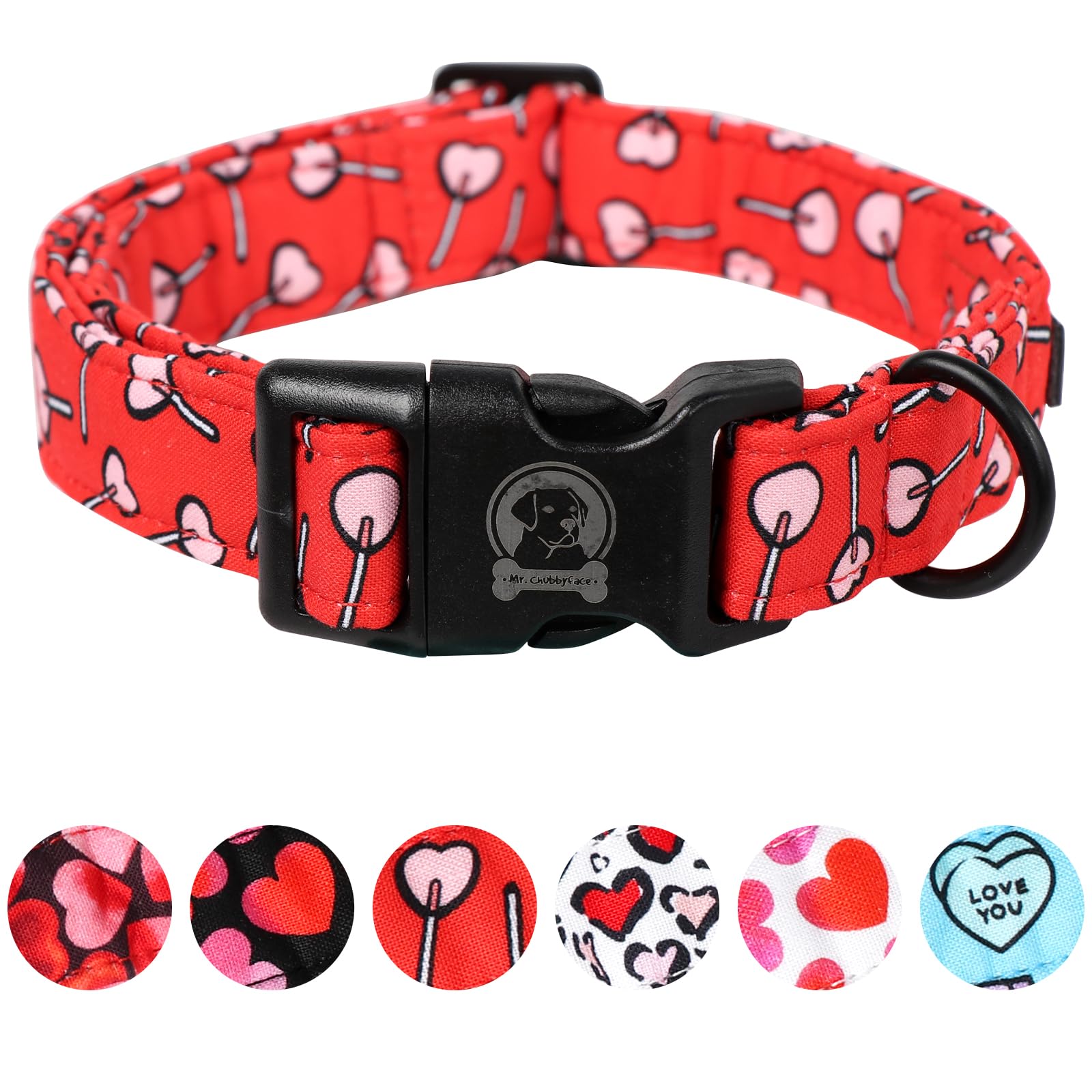 Mr. Chubbyface Valentines Dog Collar,Red Love Heart Cotton Puppy Collar, Adjustable Valentine Girl Female Male Pet Collars With 