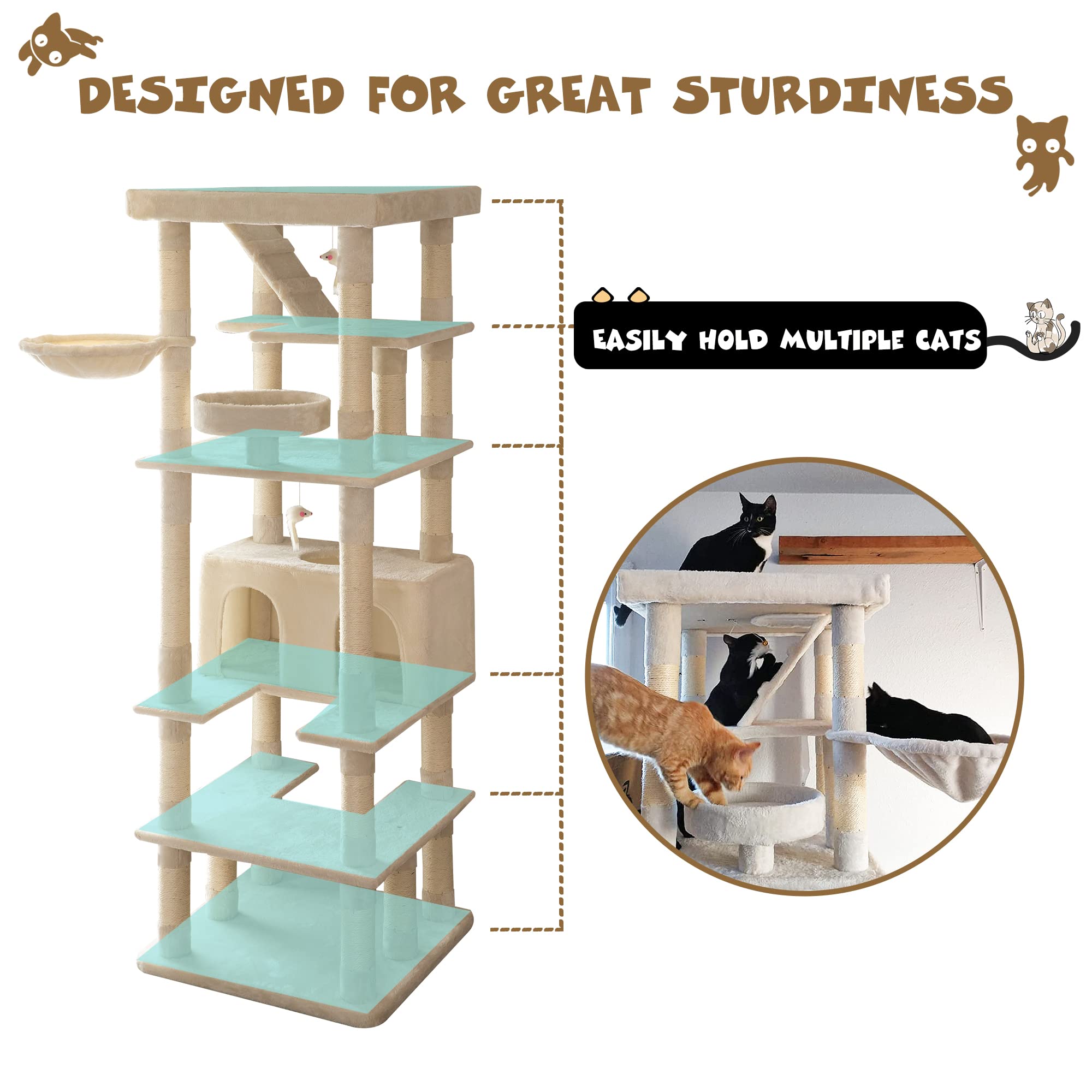 Mwpo 74.8 Inches Large Cat Tree With Sisal-Covered Scratching Posts & Condo, Tall Cat Tower Entertainment Playground Furniture F