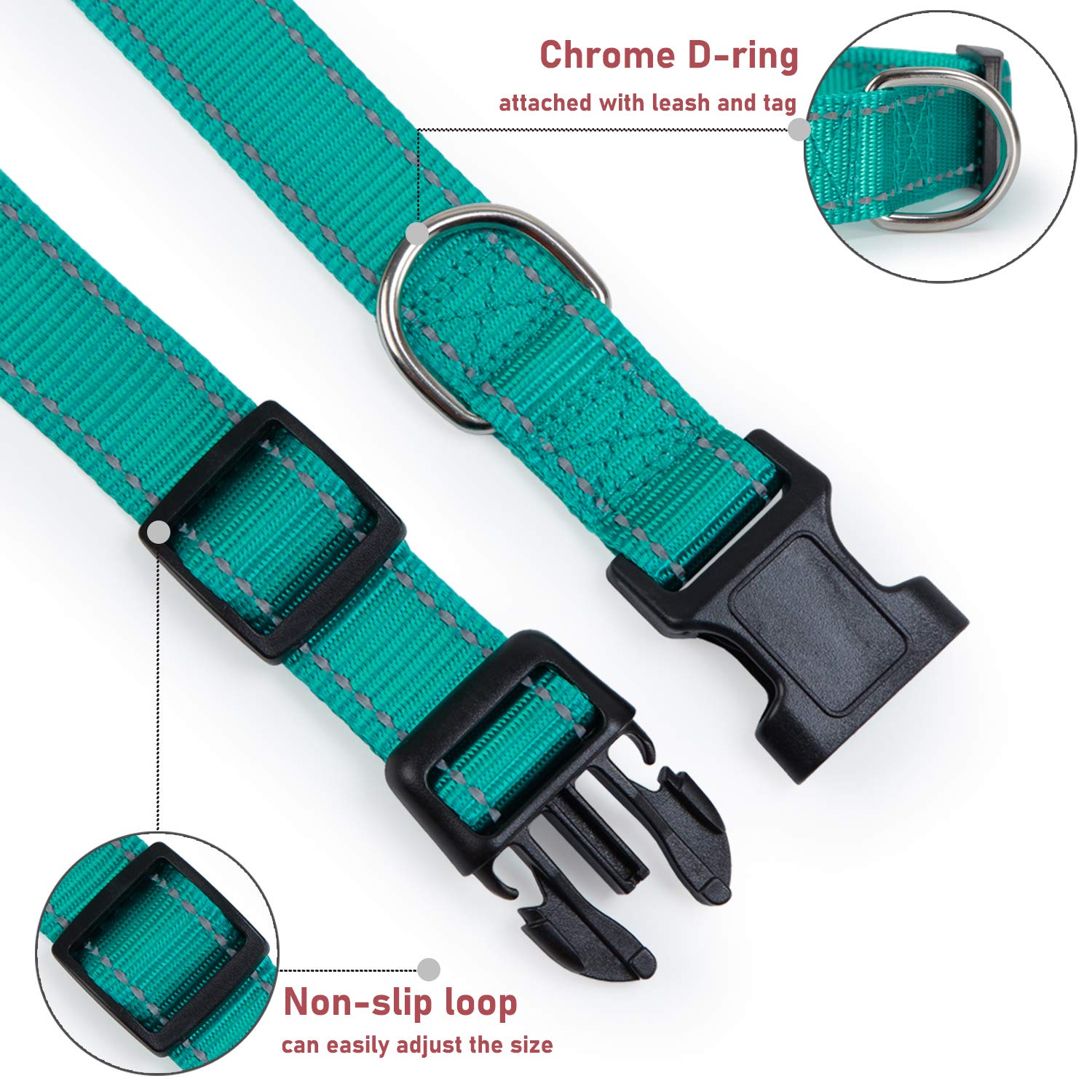 Reflective Dog Collar With Buckle Adjustable Safety Nylon Collars For Small Medium Large Dogs, Green M